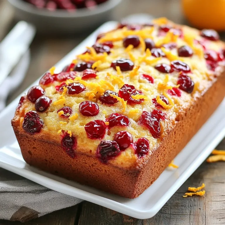 - 1 ½ cups all-purpose flour - 1 cup fresh cranberries, chopped - ½ cup granulated sugar - ½ teaspoon baking powder - ½ teaspoon baking soda - ½ teaspoon salt - 1 teaspoon orange zest - 2 large eggs - ½ cup unsweetened applesauce - ¼ cup vegetable oil - 1 teaspoon vanilla extract - 1 tablespoon fresh orange juice - Optional: ½ cup chopped walnuts or pecans When you gather these ingredients, think about the flavors that will blend together. Each item plays a key role in the loaf's taste. The fresh cranberries bring tartness that balances the sweet sugar. The orange zest adds a bright flavor that lifts the whole loaf. - Gluten-free flour options: You can use a gluten-free blend for a tasty alternative. - Sugar alternatives: Try coconut sugar or a stevia blend to reduce sweetness. - Egg replacers for vegan version: Use flax eggs or applesauce as a good substitute for eggs. Feel free to mix and match based on your needs. Remember, cooking is about personal taste and creativity! {{ingredient_image_1}} 1. First, preheat your oven to 350°F (175°C). This step is key for even baking. 2. Next, grease a 9x5-inch loaf pan. You can also use parchment paper for easy removal later. 1. In a large bowl, whisk together the dry ingredients: - 1 ½ cups all-purpose flour - ½ cup granulated sugar - ½ teaspoon baking powder - ½ teaspoon baking soda - ½ teaspoon salt - 1 teaspoon orange zest 2. Mix until everything is well combined. This helps the flavors evenly spread. 1. In another bowl, beat the 2 large eggs. 2. Then, add: - ½ cup unsweetened applesauce - ¼ cup vegetable oil - 1 teaspoon vanilla extract - 1 tablespoon fresh orange juice 3. Stir until the mixture is smooth. This blend adds moisture and richness. 1. Now, pour the wet ingredients into the bowl of dry ingredients. 2. Gently fold them together. Do not overmix; a few lumps are okay. 3. If you choose, fold in: - 1 cup fresh cranberries, chopped - Optional: ½ cup chopped walnuts or pecans 4. This adds a nice crunch and tart flavor. 1. Pour the batter into the prepared loaf pan. Spread it evenly across the pan. 2. Bake in your preheated oven for 55-65 minutes. 3. To check for doneness, insert a toothpick into the center. It should come out clean. 4. Once baked, let the loaf cool for about 10 minutes before moving it to a wire rack. This helps it firm up. To bake the perfect cranberry orange loaf, follow these key practices: - Choose Fresh Ingredients: Always use fresh cranberries for the best taste. Frozen ones can work but may change texture. - Measure Flour Correctly: Spoon flour into your measuring cup and level off. Avoid packing it down. - Don’t Overmix: Mix the batter until just combined. A few lumps are fine. Overmixing can make your loaf tough. - Check Oven Temperature: Use an oven thermometer to ensure your oven is at the right temperature. An inaccurate oven can lead to uneven baking. Common mistakes include: - Not Preheating the Oven: Always preheat for even cooking. - Using Old Ingredients: Check the dates on baking powder and soda. Freshness matters. - Skipping the Cooling Step: Let the loaf cool before slicing. It helps with texture. A great presentation makes your loaf more appealing. Here are some ideas: - Serve on a Decorative Platter: Place slices on a nice dish to impress guests. - Add Color with Orange Zest: Sprinkle extra orange zest on top for a pop of color. - Drizzle Icing: Mix powdered sugar with orange juice for a simple glaze. It adds sweetness and shine. Garnishing ideas include: - Fresh Mint Leaves: Place a few mint leaves alongside for color and aroma. - Chopped Nuts: Sprinkle chopped walnuts or pecans on top for added crunch. To enhance the flavor of your cranberry orange loaf, consider these tips: - Boost Citrus Flavor: Increase the orange zest or add lemon zest for a bright taste. - Add Spices for Depth: Mix in a dash of cinnamon or nutmeg. These spices complement the tartness of cranberries well. Experimenting with flavors can lead to delightful discoveries and a loaf that truly reflects your taste! Pro Tips Use Fresh Cranberries: Fresh cranberries provide the best flavor and texture. If using frozen, do not thaw them before adding to the batter to prevent excess moisture. Check for Doneness: Every oven is different; check your loaf a few minutes before the suggested baking time. The toothpick should come out clean or with a few moist crumbs. Let it Cool Completely: Allow the loaf to cool completely on a wire rack before slicing. This helps set the texture and makes it easier to slice without crumbling. Add a Glaze: For an extra touch of sweetness, consider drizzling a simple glaze made from powdered sugar and orange juice over the cooled loaf before serving. {{image_2}} You can change the cranberries in your loaf. Try using fresh blueberries or raspberries instead. These fruits add a sweet and juicy touch. They also make the loaf colorful. If you want a chewier texture, add dried fruits. Dried cranberries, apricots, or raisins work well. Just toss them in when mixing your batter. For gluten-free eaters, use gluten-free flour. This keeps the loaf delicious without the gluten. You can also make a vegan version. Replace eggs with flax eggs or applesauce. Use almond milk instead of regular milk. These swaps keep your loaf tasty and friendly for different diets. Want to add a twist to your loaf? Use zest from other citrus fruits. Lemon or lime zest can brighten the flavor. You can also infuse your loaf with spices. Try adding cinnamon or nutmeg for warmth. These small changes can create a whole new taste experience. Mix and match to find your favorite flavor! You can store your cranberry orange loaf in two main ways: at room temperature or in the fridge. If you plan to eat it within two days, room temperature is fine. Wrap the loaf in plastic wrap or aluminum foil to keep it fresh. If you want it to last longer, put it in the fridge. This helps keep it moist and tasty. Use an airtight container or wrap it tightly. If you want to freeze your loaf, start by letting it cool completely. Wrap it well in plastic wrap and then in aluminum foil. This keeps out air and prevents freezer burn. For best results, cut the loaf into slices before freezing. This way, you can grab a piece whenever you want. To thaw, take it out of the freezer and let it sit in the fridge overnight. If you want to eat it warm, you can reheat slices in the oven at 350°F for 10 minutes. Cranberry orange loaf can last about one week in the fridge. If you freeze it, it can stay good for up to three months. Always check for signs of spoilage. If you see mold or if it smells off, it's best to throw it away. Freshness is key for the best taste! Yes, you can use frozen cranberries. They work well in this recipe. Here are some tips: - Do not thaw the cranberries before using them. This helps keep the loaf moist. - Add a bit more flour to the batter if the cranberries are very juicy. Frozen cranberries may change the loaf's texture slightly. However, the flavor remains delicious. This loaf pairs nicely with many foods and drinks. Here are some suggestions: - Cream cheese or butter adds a rich touch. - A cup of tea or coffee makes for a cozy breakfast. - Whipped cream or vanilla ice cream can create a lovely dessert. Feel free to mix and match to find your favorite pairings. Yes, you can make this loaf ahead of time. It keeps well for several days. Here’s how to do it: - Store the loaf in an airtight container at room temperature. - For longer storage, wrap it tightly and place it in the fridge. If you want to reheat it, slice and warm each piece in the oven for a few minutes. To check if your loaf is done, use the toothpick method: - Insert a toothpick into the center of the loaf. - If it comes out clean, your loaf is ready. Other signs include a golden brown crust and a firm top. If the loaf is still wet, bake it a few more minutes. This blog post covers how to make a delicious cranberry orange loaf. We discussed the ingredients you'll need, how to prep and mix everything, and baking tips for success. You can adjust the recipe for dietary needs or different flavors. Storing leftovers and serving suggestions were also highlighted. Remember, baking is about enjoying the process. Try new variations and make it your own. Happy baking!