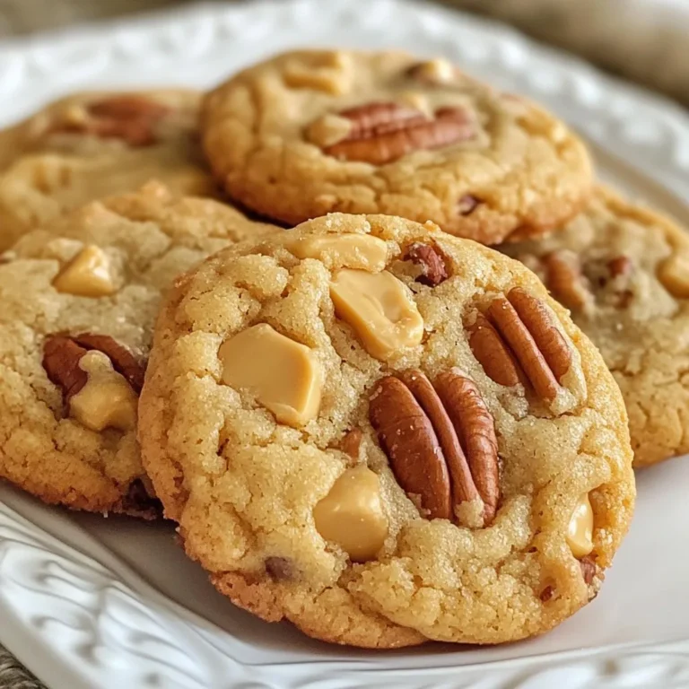 - 1 cup unsalted butter, softened - 3/4 cup brown sugar, packed - 1/4 cup granulated sugar - 1 teaspoon vanilla extract - 2 large eggs - 2 cups all-purpose flour - 1 teaspoon baking soda - 1/2 teaspoon salt - 1 cup butterscotch chips - 1 cup pecans, chopped You can swap unsalted butter for coconut oil or margarine. Both add a great texture. If you want a different flavor, try white chocolate chips or chocolate chips instead of butterscotch chips. For gluten-free cookies, you can use almond flour or gluten-free all-purpose flour. This keeps the taste while making it safe for those with gluten issues. {{ingredient_image_1}} 1. First, preheat your oven to 350°F (175°C). This step is key for even baking. 2. Line a baking sheet with parchment paper. This helps with easy clean-up. 3. In a large bowl, cream 1 cup of softened butter with 3/4 cup of brown sugar and 1/4 cup of granulated sugar. Mix until it’s light and fluffy. 4. Next, add 2 large eggs one at a time. Mix well after each addition. Then, stir in 1 teaspoon of vanilla extract. 1. In another bowl, whisk together 2 cups of all-purpose flour, 1 teaspoon of baking soda, and 1/2 teaspoon of salt. This helps to combine the dry ingredients evenly. 2. Gradually add the dry mixture to the wet mixture. Stir just until you see no more dry flour. Don’t overmix! 3. Now, fold in 1 cup of butterscotch chips and 1 cup of chopped pecans. Make sure they are spread out in the dough. 1. Use a tablespoon to scoop out portions of the dough. Place them on the prepared baking sheet, leaving about 2 inches between each scoop. 2. Bake in your preheated oven for 10-12 minutes. Look for lightly golden edges and firm centers. 3. Once baked, take them out and let them cool on the sheet for 5 minutes. Then, transfer them to a wire rack to cool completely. - Achieving the right cookie texture: You want your cookies soft and chewy. Start with soft butter. It helps mix well with sugars. Cream the butter and sugars until light and fluffy. This step adds air, which gives cookies a nice lift. - Avoiding common baking mistakes: Measure your flour correctly. Too much flour makes cookies dry. Use a spoon to scoop flour into a cup, then level it off. Also, do not overmix the dough once you add flour. Mixing too much can lead to tough cookies. - Best cooling methods for cookies: After baking, let cookies cool on the baking sheet for about 5 minutes. This step helps them set. Then, transfer them to a wire rack. Cooling them this way keeps them soft and prevents sogginess. - Ideas for serving with milk or coffee: Pair these cookies with cold milk for a classic treat. You can also serve them with a cup of coffee. The flavors mix well, making each bite even better. Consider adding a scoop of vanilla ice cream on top for a fun dessert twist! Pro Tips Use Room Temperature Butter: Make sure your butter is softened to room temperature for easier creaming, which will help achieve a light and fluffy texture in your cookies. Don't Overmix the Dough: When combining the wet and dry ingredients, mix just until incorporated to ensure your cookies remain tender and chewy. Chill the Dough: For thicker cookies, chill your dough for about 30 minutes before baking. This helps prevent spreading and enhances the flavors. Check for Doneness: Keep an eye on your cookies during baking. They should be lightly golden around the edges but still soft in the center when you take them out for the perfect texture. {{image_2}} You can easily switch up the flavor of these cookies. Adding chocolate chips gives a rich taste. You can mix in half a cup of chocolate chips with the butterscotch chips. Dried fruits also work great. Try raisins or chopped dried apricots for a fruity twist. Experimenting with spices can add depth. A pinch of cinnamon or nutmeg can enhance the flavor. These spices give warmth and complexity to the cookies. Just a little goes a long way, so start small. The texture of your cookies can change with simple tweaks. If you want chewy cookies, bake them for less time. Remove them from the oven when they are set but still soft. For a crispier cookie, bake them a bit longer. Wait until the edges are deeply golden. Using different nuts can also change the texture. Walnuts add a nice crunch and a slightly bitter taste. Almonds give a sweet, nutty flavor. You can swap out pecans for either of these nuts. Just chop them roughly and mix them into your dough. - Storing cookies at room temperature: You can keep your butterscotch pecan cookies fresh by storing them in an airtight container. This method works well for a few days. Keep the container in a cool, dry spot. Avoid direct sunlight or heat, as this can make the cookies stale. - Freezing cookies for long-term storage: If you want to save cookies for later, freezing is great. Place the baked cookies in a single layer on a baking sheet. Freeze them for about an hour. Once firm, transfer them to a freezer-safe bag or container. They can last up to three months in the freezer. - How long cookies stay fresh: When stored properly, butterscotch pecan cookies stay fresh for about one week at room temperature. In the freezer, they can last for months without losing flavor. - Tips for maintaining cookie texture: To keep the cookies soft, add a slice of bread to the container. The bread keeps the cookies moist. If you notice cookies getting hard, try warming them in the microwave for a few seconds. This can help bring back a bit of their softness. Can I make these cookies without eggs? Yes, you can. Use a substitute like applesauce or a flaxseed mixture. For flaxseed, mix one tablespoon of ground flaxseed with three tablespoons of water. Let it sit for a few minutes until it thickens. This will help bind the ingredients. How do I know when the cookies are done baking? Look for lightly golden edges and a set center. The cookies will continue to bake slightly after you take them out. They should not be too soft when cool. Trust your senses! What’s the best way to soften butter quickly? Cut the butter into small pieces and leave it at room temperature for about 10-15 minutes. You can also use the microwave, but be careful. Heat it in short bursts to avoid melting it. Can I use margarine instead of butter? Yes, margarine works well in this recipe. It may change the flavor slightly but should still yield tasty cookies. How can I make these cookies vegan? To make vegan butterscotch pecan cookies, substitute the butter with coconut oil or a vegan butter. Replace the eggs with flaxseed or applesauce as mentioned earlier. Use dairy-free butterscotch chips for a fully vegan treat. This blog covered how to make butterscotch pecan cookies from scratch. We listed ingredients, shared substitutions, and detailed each step. You'll know how to mix and bake for the perfect cookie texture. I also shared storage info and answered common questions. Remember, these cookies are versatile; feel free to experiment with flavors and textures. Follow these tips, and you’ll enjoy fresh cookies that stay tasty longer. Happy baking!