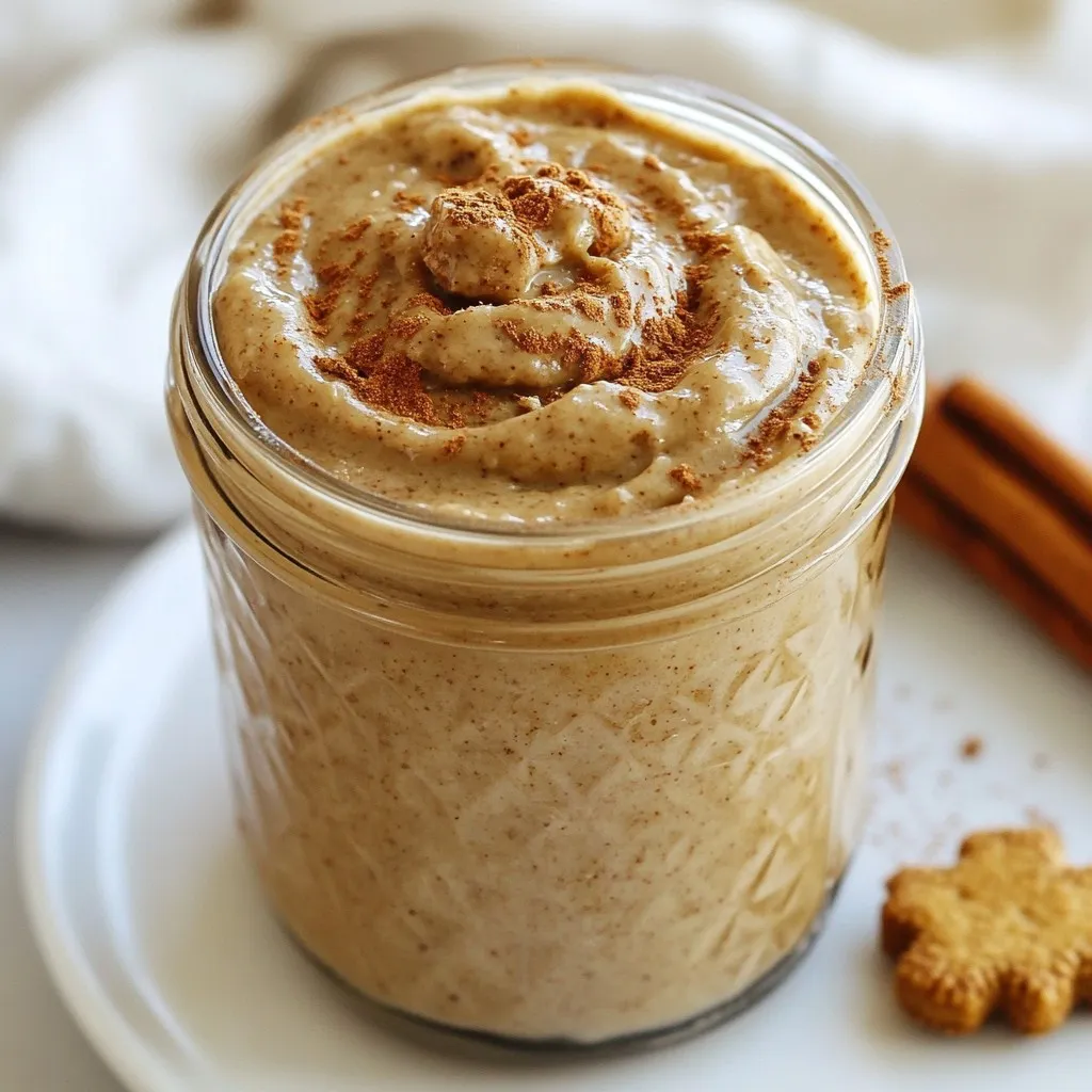 To make the best gingerbread cookie butter, gather these simple ingredients: - 1 cup gingerbread cookies, crushed - 1/2 cup almond butter or peanut butter - 1/4 cup powdered sugar - 1 teaspoon ground cinnamon - 1 teaspoon ground ginger - 1/4 teaspoon nutmeg - 1/2 teaspoon vanilla extract - Pinch of salt - 2-3 tablespoons coconut oil (optional) These ingredients come together to create a rich and delightful spread. Each one plays a vital role in the flavor and texture of your cookie butter. The crushed gingerbread cookies provide a warm, spicy base. The almond or peanut butter adds creaminess and richness. Powdered sugar gives it a touch of sweetness. Ground cinnamon, ginger, and nutmeg add that classic gingerbread flavor. Vanilla extract brings harmony to the mix, while a pinch of salt balances the sweetness. You can add melted coconut oil if you want a smoother texture. This ingredient is optional but can elevate your cookie butter even more. Together, these ingredients create an irresistible treat that you won't want to stop eating! {{ingredient_image_1}} First, crush the gingerbread cookies. Use a food processor or put them in a bag and smash them. You want fine crumbs for the best texture. Once crushed, add them to your food processor. This is the base of our cookie butter. Next, add the nut butter of your choice. You can use almond butter or peanut butter. Then, add the powdered sugar, ground cinnamon, ground ginger, nutmeg, vanilla extract, and a pinch of salt. These spices will give your cookie butter that warm, cozy flavor. Pulse the mixture in the food processor until everything combines well. If needed, stop and scrape down the sides to ensure all the ingredients mix evenly. To make your cookie butter smoother, pour in melted coconut oil. Start with one tablespoon and blend. Add more if you want a creamier texture. Taste your cookie butter and adjust the sweetness by adding more powdered sugar if you like. Once you are happy with the taste and texture, transfer the cookie butter into a clean, airtight jar. Seal it tightly and store it in the fridge. Enjoy it for up to two weeks! - Substituting nut butters: You can switch almond butter for peanut butter. This change can give a different taste. You can also try cashew or sunflower seed butter for a nut-free option. - Using different spices: Want a twist? Add a pinch of cloves or allspice. These spices can add warmth to your butter. You can also reduce the ginger for a milder flavor. - Smoother vs. chunkier butter: If you like your butter smooth, add melted coconut oil. Gradually blend it in until it feels just right. For a chunkier texture, skip the oil and blend less. - How to store for optimal freshness: Use a clean, airtight jar to keep your cookie butter fresh. Store it in the fridge for up to two weeks. This keeps the flavors bright and tasty. - Best ways to enjoy gingerbread cookie butter: Spread it on toast or pancakes for a sweet treat. It also makes a great dip for apple slices or pretzels. You can even swirl it into yogurt for a fun breakfast twist! Pro Tips Choose Your Nut Butter: Experiment with almond butter or peanut butter to find the flavor that you love the most! Crush Cookies Evenly: Ensure your gingerbread cookies are crushed into fine crumbs for a smoother texture in your cookie butter. Adjust Sweetness: Taste your mixture after blending and feel free to add more powdered sugar if a sweeter flavor is desired. Storage Tips: Store your cookie butter in an airtight jar in the refrigerator to keep it fresh for up to 2 weeks. {{image_2}} You can make your gingerbread cookie butter even more exciting. Try adding chocolate chips for a sweet twist. The chocolate pairs well with the warm spices of gingerbread. You can also add nuts like pecans or walnuts. Chopped nuts add a nice crunch and flavor boost. Other seasonal flavors can elevate your cookie butter. Think of adding a splash of orange zest. This brightens the mix and gives it a fresh taste. You could also try a hint of peppermint for a festive kick. Just a little can go a long way! Gingerbread cookie butter is not just for spreading! You can use it in many recipes. Stir it into oatmeal for a warm breakfast treat. Mix it into yogurt for a tasty snack. You can also use it in desserts, like cookies or brownies. It adds a unique flavor that everyone will love. Want to make a special dessert? Try using it in cheesecake or as a cake filling. The rich flavor works beautifully in these treats. You can also use it as a dip for fruits or pretzels. The options are endless! If you want a sugar-free or low-sugar version, you have options. You can use natural sweeteners like maple syrup or honey. These add sweetness without refined sugar. If you prefer, try stevia or monk fruit. Both are great for keeping sugar low. When making the cookie butter, start with less sweetener. You can always add more later to taste. This way, you control how sweet it gets. To keep your gingerbread cookie butter fresh, use a clean, airtight jar. Glass jars work best. They keep moisture out and let you see how much you have left. Make sure the jar is completely dry before adding the butter. This way, it won't spoil quickly. Your gingerbread cookie butter will stay good in the fridge for about two weeks. Keep it sealed tightly. If you see any changes in color or smell, throw it away. Always trust your senses! You can freeze gingerbread cookie butter for up to three months. Use a freezer-safe container or bag. Leave some space at the top, as the butter may expand when frozen. When you’re ready, thaw it in the fridge overnight. Stir well before using it again to get that creamy texture back. To make gingerbread cookie butter, follow these easy steps: 1. Crush the cookies: Start by crushing 1 cup of gingerbread cookies in a food processor. Blend until fine crumbs form. 2. Add nut butter: Pour in 1/2 cup of almond butter or peanut butter. This adds creaminess and taste. 3. Mix in sugar and spices: Add 1/4 cup powdered sugar, 1 teaspoon ground cinnamon, 1 teaspoon ground ginger, 1/4 teaspoon nutmeg, 1/2 teaspoon vanilla extract, and a pinch of salt. 4. Blend until smooth: Pulse the mixture until it combines well. Scrape down the sides if needed. 5. Adjust texture: For a smoother butter, drizzle in 2-3 tablespoons of melted coconut oil while blending. 6. Taste and tweak: Taste your cookie butter and add more powdered sugar if you want it sweeter. 7. Store it: Transfer the cookie butter into a clean, airtight jar. Seal it tightly and keep it in the refrigerator for up to 2 weeks. Enjoy your gingerbread cookie butter on toast, pancakes, or as a dip! You can find ready-made gingerbread cookie butter in many grocery stores. Look for brands like: - Trader Joe's - Nutella (seasonal flavor) - Stonewall Kitchen You can also buy it online. Check websites like Amazon or specialty food retailers. They often carry unique brands too. If you don't have gingerbread cookies, you can use other cookies. Here are some options: - Speculoos cookies: They have a similar spice mix and flavor. - Graham crackers: They give a sweet and buttery taste. - Biscoff cookies: These are crunchy and flavorful. These alternatives will still give you a tasty cookie butter! You learned how to make delicious gingerbread cookie butter from scratch. We covered the ingredients, preparation steps, and tips for the best texture. I shared variations to keep it fun, plus storage tips to keep it fresh. Remember, you can always mix in new flavors or try different nut butters. This recipe is simple and lets you enjoy a seasonal treat anytime. Enjoy trying it out and make it your own!