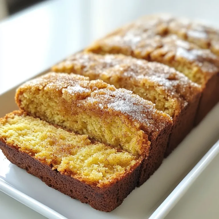 To make this delightful bread, gather these ingredients: - 2 cups all-purpose flour - 1 teaspoon baking powder - 1/2 teaspoon baking soda - 1/4 teaspoon salt - 1 tablespoon ground cinnamon, plus more for topping - 1/2 teaspoon ground nutmeg - 1/2 cup unsalted butter, softened - 1 cup granulated sugar - 2 large eggs - 1 teaspoon vanilla extract - 1/2 cup sour cream - 1/2 cup light brown sugar, packed Butter: Use unsalted butter for the best flavor. Softened butter helps to create a light texture. Sour Cream: This adds moisture and a slight tang. It makes the bread soft and rich. Cinnamon and Nutmeg: These spices give the bread its warm, inviting flavor. Fresh spices enhance the taste. - Flour: Choose all-purpose flour that is fresh and free from lumps. - Butter: Look for high-quality butter with a high fat content. - Eggs: Use farm-fresh eggs for better flavor and color. - Sugar: Granulated sugar should be fine and free of clumps. Brown sugar should be packed tightly in the cup. - Spices: Check the date on spice jars. Fresh spices provide the best taste. Using quality ingredients makes a big difference. You want each bite to be full of flavor. Happy baking! {{ingredient_image_1}} First, gather all your ingredients. You need 2 cups of all-purpose flour, 1 teaspoon of baking powder, 1/2 teaspoon of baking soda, 1/4 teaspoon of salt, and spices like 1 tablespoon of ground cinnamon and 1/2 teaspoon of nutmeg. Next, preheat your oven to 350°F (175°C). Grease a 9x5 inch loaf pan with butter or cooking spray. This step helps the bread come out easily once it’s baked. In a medium bowl, mix the dry ingredients. Combine the flour, baking powder, baking soda, salt, cinnamon, and nutmeg. Whisk them well until they are fully blended. In a large bowl, beat the softened butter with 1 cup of granulated sugar. Use an electric mixer for about 2-3 minutes until the mix is light and fluffy. Add the eggs, one at a time. Mix well after each one. Pour in the vanilla extract and mix until everything is combined. Now, add the sour cream to the wet mixture. Stir until the batter is smooth. Gradually add the dry mix into the wet mix. Stir gently until no flour streaks remain. Now it’s time to pour the batter into the pan. Start with half of the batter, then sprinkle half of the packed brown sugar on top. Add the rest of the batter, and finish with the remaining brown sugar and a sprinkle of cinnamon. Place the loaf pan in the preheated oven. Bake for 50-60 minutes. To check doneness, insert a toothpick in the center. If it comes out clean, your bread is ready. After baking, let it cool in the pan for about 10 minutes. Then, transfer the bread to a wire rack to cool completely. Once cooled, slice and enjoy! To check if your snickerdoodle bread is done, use a toothpick. Insert it into the center of the loaf. If it comes out clean, the bread is ready. If it has wet batter, bake it a bit longer. The edges should be golden brown and the top firm to touch. One common mistake is overmixing the batter. Mix until just combined to keep it light. Another mistake is not measuring the flour correctly. Use a spoon to scoop and level it off for accuracy. Forgetting to grease the pan can also lead to sticking. Always grease or line your loaf pan before pouring in the batter. To boost flavor, try adding vanilla bean or almond extract. You can also fold in chopped nuts or chocolate chips for extra texture. For a spicier kick, add a pinch of ground ginger or allspice. To make it even more tender, consider replacing half the butter with applesauce. Enjoy experimenting with these ideas to create your perfect slice! Pro Tips Use Room Temperature Ingredients: Ensure your butter, eggs, and sour cream are at room temperature for a smoother batter and better rise. Don’t Overmix: Gently fold the dry ingredients into the wet ingredients to avoid a tough texture. Stop mixing as soon as no flour streaks remain. Check for Doneness: Insert a toothpick into the center of the bread; it should come out clean or with a few moist crumbs, not wet batter. Store Properly: Keep leftover bread in an airtight container at room temperature for up to 3 days, or freeze for longer storage. {{image_2}} You can switch up the flour in this recipe. Try using whole wheat flour for a nutty taste. It adds more fiber and can make the bread heartier. Almond flour is another great option. It makes the bread moist and gives it a unique flavor. For sweeteners, you can use coconut sugar or maple syrup. These give a different taste while being a bit healthier. Keep in mind that using liquid sweeteners may change the bread's texture. Adjust the dry ingredients slightly to balance it out. Adding fun extras can make the bread even better. You can mix in chopped nuts like pecans or walnuts for a crunch. Dried fruits like raisins or cranberries add sweetness and chewiness. Chocolate chips can bring a rich flavor that pairs well with the spices. If you want a twist, try adding a swirl of peanut butter or Nutella. Just be sure not to add too much, so it doesn’t overpower the bread. For a gluten-free version, use a gluten-free flour blend. Make sure it contains xanthan gum, which helps the bread rise. You can also use almond or coconut flour, but adjust the liquid in the recipe. For dairy-free options, replace the butter with coconut oil or a dairy-free butter. Use non-dairy yogurt instead of sour cream. This will keep the bread moist and delicious. These changes help everyone enjoy this tasty treat! To keep your Cinnamon Spice Snickerdoodle Bread fresh, store it in an airtight container. Place a piece of wax paper between the bread and the lid to keep it moist. You can also wrap it in plastic wrap or aluminum foil for extra protection. This method helps prevent the bread from drying out. Store it at room temperature for up to three days. If you want to keep it longer, freezing is a great option. To freeze your bread, first let it cool completely. Then, slice it into pieces for easy thawing later. Wrap each slice tightly in plastic wrap, and then place them in a freezer-safe bag. Remove as much air as possible before sealing. Label the bag with the date. The bread can stay frozen for up to three months. When you're ready to enjoy it, simply take out the slices you want. To reheat your Cinnamon Spice Snickerdoodle Bread, you have a few options. If you prefer the oven, preheat it to 350°F (175°C). Place the slices on a baking sheet and warm them for about 10 minutes. If you want a quick method, use the microwave. Heat the slices on a plate for about 15-20 seconds. Be careful not to overheat, as it can make the bread tough. Enjoy your warmed bread with a touch of butter or cream for extra flavor! Yes, you can. If you skip sour cream, the bread may turn out drier. You can use plain yogurt instead. Yogurt adds moisture and keeps the bread soft. You can also try using applesauce for a lighter option. To check if the bread is done, insert a toothpick in the center. If it comes out clean, the bread is ready. If the toothpick has batter on it, bake for a few more minutes. Look for a golden crust on top, too. This bread is great on its own. For a treat, serve it warm with whipped cream. A drizzle of caramel sauce adds extra sweetness. You can also pair it with coffee or tea for a cozy snack. This blog post has shown how to make tasty Cinnamon Spice Snickerdoodle Bread. We covered ingredients, step-by-step instructions, and ways to enhance flavor. You learned tips to avoid mistakes and how to store leftovers properly. Remember, using quality ingredients makes a big difference. Enjoy mixing in your favorite flavors and variations. Baking can be fun and rewarding. So, go ahead and share this recipe with friends and family! Your delicious bread will impress everyone.
