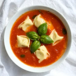 For this creamy tomato tortellini soup, you will need: - 1 tablespoon olive oil - 1 medium onion, diced - 3 cloves garlic, minced - 1 can (28 ounces) crushed tomatoes - 4 cups vegetable broth - 1 teaspoon dried basil - 1 teaspoon dried oregano - 1/2 teaspoon red pepper flakes (adjust for spice preference) - Salt and pepper to taste - 9 ounces cheese tortellini (fresh or frozen) - 1 cup heavy cream (or coconut cream for a dairy-free option) - Fresh basil leaves, for garnish These ingredients come together to create a warm and comforting soup. The crushed tomatoes provide a rich base. The tortellini adds heartiness, while the cream gives it a velvety texture. You can customize your soup with these optional add-ins: - Spinach or kale for added greens - Chopped carrots for sweetness - Mushrooms for an earthier flavor - Parmesan cheese for extra richness These add-ins can enhance the soup, making it fit your taste. Feel free to get creative! If you have dietary needs, here are some easy substitutions: - Use olive oil for vegan-friendly cooking. - Replace heavy cream with coconut cream for a dairy-free version. - Choose gluten-free tortellini if you need a gluten-free option. These substitutions keep the soup delicious while catering to different diets. Adjusting ingredients can help you enjoy this soup no matter your preferences! {{ingredient_image_1}} Start by heating one tablespoon of olive oil in a large pot over medium heat. Once the oil is hot, add one diced onion. Sauté the onion for about five minutes until it softens and turns clear. Next, stir in three minced garlic cloves. Cook for another minute until you smell the garlic's aroma. This step builds a tasty foundation for your soup. Then, pour in one can of crushed tomatoes and four cups of vegetable broth. Stir the mix well to combine. Add one teaspoon of dried basil, one teaspoon of dried oregano, and half a teaspoon of red pepper flakes. Season with salt and pepper to taste. Bring the mixture to a gentle boil. Let it bubble for ten minutes. This simmering allows the flavors to blend beautifully. After the soup has simmered, it's time to add the tortellini. Toss in nine ounces of cheese tortellini, whether fresh or frozen. Cook according to the package instructions, which usually takes about five to seven minutes. Stir the tortellini gently to ensure they cook evenly. The pasta will become tender and soak up the soup's rich flavors. Once the tortellini is cooked, lower the heat. Slowly stir in one cup of heavy cream. For a dairy-free option, you can use coconut cream instead. Mix until the cream blends fully. Let the soup simmer for an additional two to three minutes. This step creates a rich and creamy texture. Taste the soup and adjust seasoning if needed. Now, your comforting creamy tomato tortellini soup is ready to serve! To boost the flavor of your creamy tomato tortellini soup, use fresh herbs. Fresh basil gives a bright taste. You can also add a pinch of sugar to balance the acidity of the tomatoes. A splash of balsamic vinegar adds depth. For extra richness, consider using roasted garlic instead of raw. You can roast garlic by wrapping whole cloves in foil and baking them until soft. One common mistake is overcooking the tortellini. They should be tender but not mushy. Always follow the package instructions for the best texture. Another mistake is skipping the seasoning. Taste your soup before serving, then adjust salt and pepper as needed. Lastly, avoid adding the cream too soon. Stir it in at the end for a creamy finish. You can easily make this soup dairy-free. Just swap the heavy cream for coconut cream. This keeps the soup rich and creamy without dairy. Be sure to taste it after this change. You might want to add more spices to enhance the flavor. Also, check for dairy-free tortellini at your store. Many brands now offer great options. Pro Tips Use Fresh Ingredients: Fresh basil and high-quality tomatoes enhance the flavor of the soup significantly. Adjust the Creaminess: If you prefer a lighter soup, add less cream or use a dairy-free option like coconut cream. Spice It Up: Experiment with different spices like smoked paprika or Italian seasoning for a unique twist on flavor. Garnish for Visual Appeal: A sprinkle of fresh basil or a drizzle of olive oil before serving makes the dish visually stunning. {{image_2}} You can make your creamy tomato tortellini soup even better by adding veggies. Spinach is a great choice. It wilts nicely and adds color. Kale is another option. It gives a hearty bite. Carrots and zucchini also work well. Dice them small, so they cook fast. You can add a cup or two, depending on your taste. If you like heat, try making a spicy version. Increase the red pepper flakes to one teaspoon or more. You could also add diced jalapeños for extra spice. Another idea is to toss in some crushed red pepper while cooking. This will give your soup a warm kick. Just be careful not to add too much! You have many ways to change the flavor of your soup. Swap the cheese tortellini for meat tortellini for a heartier meal. Use coconut cream instead of heavy cream for a dairy-free option. You could also add different herbs, like thyme or parsley. Each swap gives a new taste, keeping the soup exciting. To store leftovers, let the soup cool first. Then, transfer it to an airtight container. It stays fresh in the fridge for about 3 to 4 days. Make sure to label the container with the date. This will help you remember when you made it. You can freeze this creamy tomato tortellini soup too. Use a freezer-safe container to prevent freezer burn. Leave some space at the top for expansion. It’s best to freeze the soup without the cream. If you freeze it, the cream may separate. The soup can last for about 2 to 3 months in the freezer. When you’re ready to eat, thaw the soup in the fridge overnight. Reheat it on the stove over medium heat. Stir often to prevent it from sticking. If it seems too thick, add a splash of broth or water. This helps bring back that creamy texture. Enjoy your warm bowl of comfort! Yes, you can use frozen tortellini. Just add it directly to the soup. Cook it for about 5-7 minutes, or until it is tender. Frozen tortellini works great and saves time. To make this soup vegetarian, use vegetable broth instead of chicken broth. You can also use cheese tortellini, which is often vegetarian. This keeps all the yummy flavors without meat. Yes, you can make this soup ahead of time. Prepare it fully and store it in the fridge. It stays good for about 3 days. Just reheat it on the stove when you are ready to eat. This soup pairs well with crusty bread or a fresh salad. You can also add some garlic bread for extra flavor. These sides make the meal feel complete and comforting. This blog post covered the key ingredients and steps for making creamy tomato tortellini soup. You learned about main ingredients, optional add-ins, and substitutions for diets. I shared tips to enhance flavor and avoid common mistakes. We explored fun variations and how to store leftovers. In closing, this soup is adaptable and easy to make. You can impress everyone at the table, no matter their taste. Enjoy creating your perfect bowl of creamy goodness!
