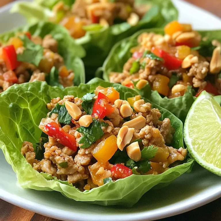 - 1 lb ground chicken - 1 cup fresh Thai basil leaves - 1 head of butter or romaine lettuce - 2 tablespoons soy sauce - 1 tablespoon fish sauce - 1 tablespoon vegetable oil - Chopped peanuts - Sliced chili The main ingredients form the heart of this dish. Ground chicken brings protein and flavor. Fresh Thai basil adds a unique taste that makes this dish special. Lettuce cups serve as a fresh, crisp vessel for the chicken mix. For pantry staples, soy sauce and fish sauce provide umami depth. Vegetable oil helps cook the garlic and onion, creating a fragrant base. Optional garnishes like chopped peanuts give crunch, while sliced chili can add heat. Feel free to adjust these extras to fit your taste! {{ingredient_image_1}} - Heat 1 tablespoon of vegetable oil in a large skillet over medium heat. - Add 3 cloves of minced garlic and 1 small finely chopped onion. Sauté for 2-3 minutes until fragrant. The onion should turn translucent. - Next, increase the heat to medium-high. Add 1 pound of ground chicken. Cook for 5-6 minutes until browned, stirring often to break up the meat. - Now, add 1 diced red bell pepper to the skillet. Cook for another 2-3 minutes until it softens slightly. - Stir in 2 tablespoons of soy sauce, 1 tablespoon of fish sauce, 1 teaspoon of sugar, 1 teaspoon of ground black pepper, and 1 teaspoon of sesame oil. Mix well to combine the flavors. - Toss in 1 cup of roughly chopped Thai basil leaves. Cook for an additional minute until the basil wilts. Remove the skillet from the heat. - To serve, spoon the chicken mixture into the separated leaves of butter or romaine lettuce. - Garnish with chopped peanuts and sliced chili if you like a bit of heat. Enjoy your flavorful and fresh meal! To keep the chicken juicy, cook it on medium heat. This helps it stay moist. Avoid cooking it on high heat for too long. If you do, the chicken can dry out quickly. Use a non-stick skillet for easy cooking. For sautéing, start at medium heat. This allows flavors to blend well. Once the garlic and onion soften, you can turn it up. Medium-high heat works great when you add the ground chicken. Arrange the lettuce cups on a large platter. This makes them look inviting. Spoon the chicken mixture into the cups just before serving. For a fresh touch, add lime wedges on the side. A squeeze of lime brings out the flavors. Want more flavor? Try adding some crushed red pepper or fresh ginger. These spices boost the taste. You can also add more Thai basil for a stronger herbal kick. Adjust the soy sauce to fit your taste. If you prefer it sweeter, add a bit more sugar. Pro Tips Use Fresh Basil: Fresh Thai basil adds a unique flavor that dried herbs cannot replicate. Make sure to use fresh leaves for the best taste. Customize Your Heat: Adjust the amount of sliced chili according to your spice tolerance. You can also add more chili paste for an extra kick. Serve Immediately: For the best texture and flavor, serve the lettuce cups right after assembling. This keeps the lettuce crisp and fresh. Garnish Creatively: Experiment with different garnishes like cilantro, lime wedges, or even shredded carrots to enhance the presentation and flavor. {{image_2}} You can easily switch up the protein in this dish. Ground turkey works well if you want a leaner option. It has a mild flavor that blends nicely with the sauce. Tofu is another great choice for a plant-based twist. Just crumble firm tofu into the skillet and cook it like you would the chicken. Another tasty option is shrimp. Use peeled, deveined shrimp for a quick cooking method. Just add them after sautéing the garlic and onion. Cook until they turn pink, then mix in the bell pepper and sauces as usual. If you're looking for a vegetarian meal, chickpeas or lentils can take the place of meat. They add protein and fiber, making the dish hearty. Just cook them until warm, then mix with the sauces and basil. You can also enhance the veggie mix by adding more colorful vegetables. Try adding grated carrots, snap peas, or diced zucchini. These additions will boost the dish's nutrition and crunch. Changing the sauces or spices can give this dish a new life. For a sweet touch, add a splash of hoisin sauce. If you like heat, a dash of sriracha can spice things up. Don't forget about the lettuce! While butter or romaine are great, try using iceberg or even cabbage leaves. Each type of lettuce brings its own texture and flavor to the cups. Enjoy the fun of mixing and matching! To keep your Thai Basil Chicken fresh, store leftovers in an airtight container. This method helps prevent moisture loss and keeps your dish tasty. You can expect the chicken to last in the fridge for about 3 to 4 days. Always check for any off smells or changes in texture before eating. If you want to save your chicken mixture for later, freezing is a great option. Place the cooled chicken in a freezer-safe bag, squeezing out as much air as possible. This helps avoid freezer burn. The chicken can stay frozen for up to three months. When you're ready to enjoy it, thaw the mixture overnight in the fridge. Reheat it in a skillet over low heat until it’s hot throughout. To reheat your chicken without losing the great texture, use a skillet. This method keeps it juicy and flavorful. You can also add a splash of water or broth to keep it moist. If you have extra chicken, try using it in other meals. You can mix it into fried rice or serve it over noodles for a quick lunch. To make your Thai Basil Chicken Lettuce Cups spicier, you can add sliced chili peppers. Use fresh Thai bird’s eye chilies for a strong kick. You can also mix in some chili paste or sauce while cooking the chicken. Start with a small amount and taste as you go. This way, you control the heat level. Adding a sprinkle of crushed red pepper flakes also works well. Yes, you can prep this dish ahead of time. Cook the chicken mixture and store it in an airtight container. Refrigerate it for up to three days. When you are ready to serve, simply reheat the chicken in a pan. Freshen it up by adding more Thai basil just before serving. Prepare the lettuce cups right before serving for the best crunch. These lettuce cups are great on their own, but you can enhance your meal with sides. Serve jasmine rice or sticky rice for a filling addition. A light cucumber salad pairs well and adds freshness. You can also offer a side of spring rolls for a fun appetizer. Consider a simple dipping sauce to go with it for extra flavor. You now know how to make Thai Basil Chicken Lettuce Cups. The main ingredients are ground chicken, fresh Thai basil, and lettuce. Sauté garlic and onion first, then cook the chicken, and add sauces. Got leftovers? Store them properly for later. Feel free to swap proteins or adjust flavors to fit your taste. This dish is not just tasty, it's versatile. With simple steps and a few tips, you can enjoy a delicious meal anytime. Happy cooking!