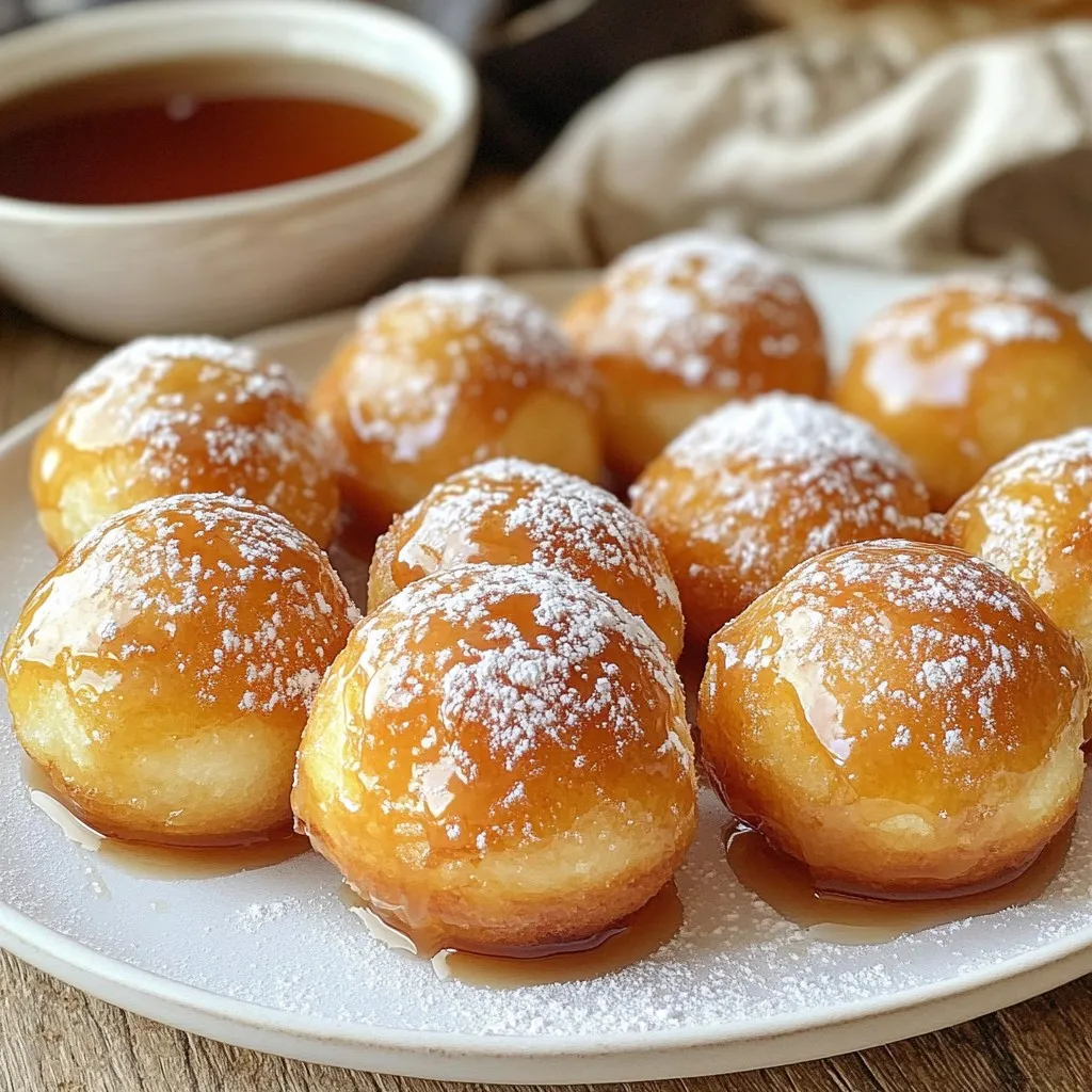 To make these tasty maple glazed donut holes, you need some key ingredients. Here’s what you’ll need: - 2 cups all-purpose flour - 2 teaspoons baking powder - 1/2 teaspoon baking soda - 1/4 teaspoon salt - 1/2 teaspoon ground cinnamon - 3/4 cup granulated sugar - 1/4 cup unsalted butter, melted - 2 large eggs - 1/2 cup buttermilk - 1 teaspoon vanilla extract - 1 cup maple syrup - 1/2 cup powdered sugar (for glazing) These ingredients work together to create soft, sweet, and fluffy donut holes. If you have dietary needs, you can still enjoy these donut holes. Here are some substitutions: - Gluten-Free: Use a gluten-free flour blend instead of all-purpose flour. - Dairy-Free: Swap buttermilk for almond or oat milk. Use a dairy-free butter too. - Sugar-Free: Use a sugar substitute that measures like sugar. These swaps help you keep the flavor while fitting your diet. Measuring your ingredients correctly is key for perfect donut holes. Here are some tips: - Flour: Spoon flour into your measuring cup, then level it off. - Brown Sugar: Pack it firmly in the cup for an accurate measure. - Liquid: Use a clear measuring cup to see the exact amount. Accurate measuring helps your donut holes rise and taste just right. {{ingredient_image_1}} To start, gather your ingredients. You will need: - 2 cups all-purpose flour - 2 teaspoons baking powder - 1/2 teaspoon baking soda - 1/4 teaspoon salt - 1/2 teaspoon ground cinnamon - 3/4 cup granulated sugar - 1/4 cup unsalted butter, melted - 2 large eggs - 1/2 cup buttermilk - 1 teaspoon vanilla extract - 1 cup maple syrup - 1/2 cup powdered sugar 1. In a big bowl, mix the flour, baking powder, baking soda, salt, and cinnamon. Whisk until they blend well. 2. In another bowl, combine the sugar and melted butter. Mix until smooth. Then, add the eggs, buttermilk, and vanilla. Whisk until well combined. 3. Slowly pour the wet mix into the dry mix. Stir gently until they blend. A few lumps are fine. 4. Heat oil in a deep fryer or pot to 350°F (175°C). 5. Use a small scoop or tablespoon to drop the batter into the hot oil. Fry a few at a time. This keeps them from sticking together. Cook for about 3-4 minutes. Turn them for even color. 6. Take them out with a slotted spoon and let them drain on paper towels. 7. While still warm, dip each donut hole into maple syrup. Let the extra syrup drip off. Roll them in powdered sugar for a sweet finish. 8. Allow the glazed donut holes to cool a bit before serving. Safety is key when frying. Here are some tips: - Always use a thermometer to check the oil temperature. - Do not leave the hot oil unattended. - Use a slotted spoon to carefully remove donut holes. - Let them drain on paper towels to avoid sogginess. - Keep a fire extinguisher nearby just in case. The maple glaze makes these donut holes shine. Here’s how to get it just right: - Use real maple syrup for the best flavor. - Warm the syrup slightly to help it coat better. - Dip each donut hole while they are warm. This helps the glaze stick well. - For a thicker glaze, mix in powdered sugar to the maple syrup. Adjust as needed. - Serve with extra syrup on the side for dipping. These steps ensure you create delicious maple glazed donut holes that everyone will love! Many home cooks face issues when making donut holes. One common mistake is overmixing the batter. This can lead to tough donuts. Remember, mix just until the dry and wet ingredients combine. Another mistake is frying at the wrong temperature. If the oil is too hot, the outside burns before the inside cooks. Use a thermometer to keep the oil at 350°F (175°C). Finally, don’t skip the draining step. Letting excess oil drip off ensures a light and fluffy treat. Getting the right dough consistency is key. The batter should be thick but still drop from a spoon. If it’s too runny, your donut holes will spread in the oil. If it’s too thick, they won’t puff up nicely. A great tip is to use a cookie scoop. This helps keep the size consistent. Also, don’t worry about lumps in the batter; they are okay! Just ensure there are no dry spots. To make your donut holes stand out, try adding spices or extras. Ground nutmeg or cardamom can add warmth and depth. For a fun twist, mix in mini chocolate chips or chopped nuts. You can also infuse the maple syrup with vanilla or a pinch of salt for a richer glaze. Be creative! These small changes can elevate your donut holes and make them truly unique. Pro Tips Use Fresh Ingredients: Always opt for fresh eggs and buttermilk for the best flavor and texture in your donut holes. Monitor Oil Temperature: Keeping the oil at a consistent 350°F (175°C) is crucial for even cooking and preventing sogginess. Customize Your Glaze: Feel free to experiment with different flavored syrups or add spices to the powdered sugar for unique flavor variations. Store Properly: If you have leftovers, store them in an airtight container at room temperature for up to two days to maintain freshness. {{image_2}} You can mix up the flavors of your donut holes. Try adding lemon zest for a fresh twist. You could also use nutmeg instead of cinnamon for a warm flavor. For chocolate lovers, add cocoa powder to the dough. This will give your donut holes a rich taste. You can even fold in mini chocolate chips for extra sweetness. While maple glaze is classic, other glazes can be fun too. For a chocolate glaze, melt chocolate chips with a little cream. Dip your warm donut holes in this mix for a rich treat. A vanilla glaze is super easy. Just mix powdered sugar with milk and vanilla extract. This adds a sweet touch without overpowering the donut flavor. You can also sprinkle nuts or sprinkles on top for a fun look. If you want smaller bites, make mini donut holes. Use a mini scoop to create smaller portions. You can also bake them instead of frying. Preheat your oven to 350°F (175°C) and use a mini muffin pan. Fill each cup with the batter and bake for about 10-12 minutes. This way, you get a lighter version that still tastes great. To keep your maple glazed donut holes fresh, store them in an airtight container. Use parchment paper between layers to prevent sticking. This keeps them soft and delicious. Make sure to cool them completely before storing. If they are warm, they can create steam and become soggy. If you want to freeze your donut holes, place them in a single layer on a baking sheet. Once frozen, transfer them to an airtight bag. They can last up to three months in the freezer. To reheat, warm them in a toaster oven at 350°F for about 5 minutes. This will help restore their soft texture. Homemade maple glazed donut holes can last for about 2 to 3 days at room temperature. After that, they may lose their freshness. If stored in the fridge, they can last up to a week. However, the glaze may lose some of its shine and become a bit sticky. To make these donut holes vegan, you can swap out a few ingredients. Use plant-based butter instead of unsalted butter. For the eggs, use a flaxseed or chia seed mixture. Mix one tablespoon of flaxseed meal or chia seeds with three tablespoons of water, then let it sit for a few minutes until it thickens. This will replace one egg. For buttermilk, mix plant milk with a tablespoon of vinegar or lemon juice. This will create a similar tangy taste. You can find great maple glazed donut holes at local bakeries or cafes. Many shops offer fresh, homemade options. Some supermarkets also have a bakery section with tasty treats. You can check online for reviews on donut shops near you. If you want convenience, look for delivery services that offer gourmet donuts. Always read reviews to find the best spot. Each donut hole has about 100 calories. Here’s a quick breakdown: - Total Fat: 4g - Saturated Fat: 2g - Cholesterol: 20mg - Sodium: 50mg - Total Carbohydrates: 14g - Dietary Fiber: 0g - Sugars: 6g - Protein: 1g These values can change based on the ingredients used. Make sure to adjust for any swaps you make. Making maple glazed donut holes is fun and rewarding. We covered key ingredients, cooking steps, and best tips. I shared how to avoid common mistakes and suggested tasty variations. Storing them right keeps them fresh longer. Enjoy experimenting with flavors and making these treats your own. With practice, you’ll impress your friends and family with your skills. Now, go ahead and create your delicious donut holes!