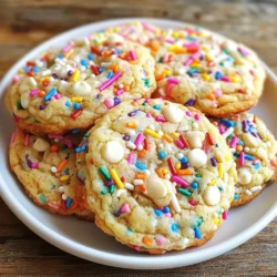To make Funfetti Birthday Cake Cookies, you need: - 1 cup unsalted butter, softened - 1 cup granulated sugar - 1 cup packed brown sugar - 2 large eggs - 1 teaspoon vanilla extract - 3 cups all-purpose flour - 1 teaspoon baking soda - 1/2 teaspoon salt - 1 cup rainbow sprinkles (plus extra for topping) - 1/2 cup white chocolate chips You can swap unsalted butter for coconut oil or margarine. Use brown sugar for a richer taste. If you want a lighter cookie, try using half granulated sugar and half raw sugar. For eggs, you can use flax eggs or applesauce as a vegan option. If you want to make gluten-free cookies, use a gluten-free flour blend. Always use fresh ingredients for the best flavor. Choose unsalted butter for better control over salt levels. Fresh eggs give better texture and taste. Look for high-quality vanilla extract, as it adds depth. For sprinkles, pick a brand that uses natural colors. Quality white chocolate chips help enhance the sweetness and creaminess. {{ingredient_image_1}} First, turn your oven to 350°F (175°C). I like to use parchment paper to line my baking sheet. This helps the cookies not stick. You want to make sure the oven is ready before you start mixing. In a large bowl, add 1 cup of softened butter, 1 cup of granulated sugar, and 1 cup of brown sugar. Mix these together until they are light and fluffy. This should take about 2-3 minutes. Next, crack in 2 large eggs, adding them one at a time. Mix well after each egg. Finally, pour in 1 teaspoon of vanilla extract and mix until everything is smooth. Grab another bowl for the dry ingredients. Whisk together 3 cups of all-purpose flour, 1 teaspoon of baking soda, and 1/2 teaspoon of salt. Slowly add this dry mixture to the wet mixture. Mix until just combined; don’t overmix! Now, fold in 1 cup of rainbow sprinkles and 1/2 cup of white chocolate chips. This adds fun color and sweetness to your cookies. To get the best cookie texture, start with softened butter. This helps the dough mix well. Cream the butter and sugars until it looks light and fluffy. This step is key! Use room temperature eggs. They blend better into the dough. When mixing, don’t overdo it after adding the flour. Just mix until you see no dry spots. This keeps your cookies soft and chewy. To keep your cookies fresh, store them in an airtight container. This blocks air and moisture. Place a slice of bread in the container. It helps maintain moisture and softness. For longer storage, freeze them. Wrap each cookie in plastic wrap and place in a freezer bag. They can stay fresh for up to three months! If your cookies spread too much, check your butter temperature. It should be soft, not melted. If they are too hard, you may have baked them too long. Keep an eye on them in the oven. If your cookies are too dry, try adding a bit more butter. A little extra can fix dry cookies. Remember, baking is an art! Don't be afraid to experiment a bit. Pro Tips Use Room Temperature Ingredients: Ensure that your butter and eggs are at room temperature for better incorporation and a fluffier cookie texture. Chill the Dough: For thicker cookies, chill the dough for at least 30 minutes before baking. This helps prevent spreading and results in a chewier cookie. Don’t Overbake: Keep an eye on your cookies as they bake. They should be lightly golden around the edges while remaining soft in the center. Customize Sprinkles: Experiment with different types of sprinkles to match the occasion, such as holiday-themed or pastel sprinkles for a softer look. {{image_2}} You can change the flavor of Funfetti cookies easily. Instead of vanilla extract, try almond extract. It adds a nice twist. You could also use lemon zest for a citrus kick. This makes the cookies taste fresh and bright. For chocolate lovers, adding cocoa powder can make a chocolate version. Swap out some flour for cocoa to keep the texture. Want to make your cookies even more fun? Add in chocolate chips or nuts. Dark chocolate chips bring a rich taste. You can also mix in peanut butter chips for a nutty flavor. Chopped nuts like walnuts or pecans add a nice crunch. Don't forget to add more rainbow sprinkles! A burst of color makes them cheerful. You can still enjoy these cookies if you have diet restrictions. For a gluten-free version, swap all-purpose flour with a gluten-free blend. Make sure the blend has a good mix of starches. For a vegan version, use dairy-free butter and a flax egg. Mix one tablespoon of ground flaxseed with three tablespoons of water. Let it sit for a few minutes to thicken. These swaps keep the cookies tasty and fun for everyone! When you enjoy Funfetti birthday cake cookies, think about the drinks that match well. Milk is a classic choice. It balances the sweetness and creaminess of the cookies. If you want something warm, a hot cocoa adds a cozy touch. For a fun twist, try a fruity punch. The flavors of the punch can brighten up the colorful sprinkles in the cookies. Presentation makes your cookies even more special. Start by stacking the cookies on a pretty plate. Add a colorful tablecloth for a festive look. You can use clear treat bags tied with ribbons for gifting. This gives a fun and thoughtful touch. Don't forget to sprinkle some extra rainbow sprinkles on top for a pop of color. A small sign saying "Happy Birthday!" can make it extra special too. These cookies shine at birthday parties, of course. They bring joy to kids and adults alike. However, they also work well for other events. Think about holiday gatherings or family reunions. School parties are another great time to share these treats. You can even make them for a casual get-together with friends. Their fun colors and sweet taste will delight everyone, no matter the occasion! You will know the cookies are done when the edges turn a light golden color. The centers should still look soft and a bit puffy. They will continue to cook on the baking sheet after you take them out. This usually takes about 10 to 12 minutes in the oven. Yes, you can freeze the cookie dough! Just scoop the dough into balls and place them on a baking sheet. Freeze them until solid, then transfer them to a freezer bag. You can bake them straight from the freezer, adding a couple of extra minutes to the baking time. If you need an egg substitute, try using applesauce or mashed banana. Use 1/4 cup of either for each egg in the recipe. Another option is to mix one tablespoon of ground flaxseed with three tablespoons of water. Let it sit for a few minutes until it thickens. These cookies stay fresh for about a week when stored in an airtight container. To keep them even longer, you can freeze baked cookies. They will last for up to three months in the freezer, making them perfect for future celebrations! This blog covered how to make delicious cookies from scratch. We explored key ingredients, baking steps, and expert tips for great results. I shared ways to customize flavors and textures to suit your taste. You learned serving ideas, storage tips, and how to fix any problems. In the end, baking cookies is fun and rewarding. With practice, you’ll impress everyone with your tasty treats. Enjoy your baking journey!