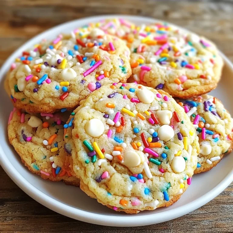 To make Funfetti Birthday Cake Cookies, you need: - 1 cup unsalted butter, softened - 1 cup granulated sugar - 1 cup packed brown sugar - 2 large eggs - 1 teaspoon vanilla extract - 3 cups all-purpose flour - 1 teaspoon baking soda - 1/2 teaspoon salt - 1 cup rainbow sprinkles (plus extra for topping) - 1/2 cup white chocolate chips You can swap unsalted butter for coconut oil or margarine. Use brown sugar for a richer taste. If you want a lighter cookie, try using half granulated sugar and half raw sugar. For eggs, you can use flax eggs or applesauce as a vegan option. If you want to make gluten-free cookies, use a gluten-free flour blend. Always use fresh ingredients for the best flavor. Choose unsalted butter for better control over salt levels. Fresh eggs give better texture and taste. Look for high-quality vanilla extract, as it adds depth. For sprinkles, pick a brand that uses natural colors. Quality white chocolate chips help enhance the sweetness and creaminess. {{ingredient_image_1}} First, turn your oven to 350°F (175°C). I like to use parchment paper to line my baking sheet. This helps the cookies not stick. You want to make sure the oven is ready before you start mixing. In a large bowl, add 1 cup of softened butter, 1 cup of granulated sugar, and 1 cup of brown sugar. Mix these together until they are light and fluffy. This should take about 2-3 minutes. Next, crack in 2 large eggs, adding them one at a time. Mix well after each egg. Finally, pour in 1 teaspoon of vanilla extract and mix until everything is smooth. Grab another bowl for the dry ingredients. Whisk together 3 cups of all-purpose flour, 1 teaspoon of baking soda, and 1/2 teaspoon of salt. Slowly add this dry mixture to the wet mixture. Mix until just combined; don’t overmix! Now, fold in 1 cup of rainbow sprinkles and 1/2 cup of white chocolate chips. This adds fun color and sweetness to your cookies. To get the best cookie texture, start with softened butter. This helps the dough mix well. Cream the butter and sugars until it looks light and fluffy. This step is key! Use room temperature eggs. They blend better into the dough. When mixing, don’t overdo it after adding the flour. Just mix until you see no dry spots. This keeps your cookies soft and chewy. To keep your cookies fresh, store them in an airtight container. This blocks air and moisture. Place a slice of bread in the container. It helps maintain moisture and softness. For longer storage, freeze them. Wrap each cookie in plastic wrap and place in a freezer bag. They can stay fresh for up to three months! If your cookies spread too much, check your butter temperature. It should be soft, not melted. If they are too hard, you may have baked them too long. Keep an eye on them in the oven. If your cookies are too dry, try adding a bit more butter. A little extra can fix dry cookies. Remember, baking is an art! Don't be afraid to experiment a bit. Pro Tips Use Room Temperature Ingredients: Ensure that your butter and eggs are at room temperature for better incorporation and a fluffier cookie texture. Chill the Dough: For thicker cookies, chill the dough for at least 30 minutes before baking. This helps prevent spreading and results in a chewier cookie. Don’t Overbake: Keep an eye on your cookies as they bake. They should be lightly golden around the edges while remaining soft in the center. Customize Sprinkles: Experiment with different types of sprinkles to match the occasion, such as holiday-themed or pastel sprinkles for a softer look. {{image_2}} You can change the flavor of Funfetti cookies easily. Instead of vanilla extract, try almond extract. It adds a nice twist. You could also use lemon zest for a citrus kick. This makes the cookies taste fresh and bright. For chocolate lovers, adding cocoa powder can make a chocolate version. Swap out some flour for cocoa to keep the texture. Want to make your cookies even more fun? Add in chocolate chips or nuts. Dark chocolate chips bring a rich taste. You can also mix in peanut butter chips for a nutty flavor. Chopped nuts like walnuts or pecans add a nice crunch. Don't forget to add more rainbow sprinkles! A burst of color makes them cheerful. You can still enjoy these cookies if you have diet restrictions. For a gluten-free version, swap all-purpose flour with a gluten-free blend. Make sure the blend has a good mix of starches. For a vegan version, use dairy-free butter and a flax egg. Mix one tablespoon of ground flaxseed with three tablespoons of water. Let it sit for a few minutes to thicken. These swaps keep the cookies tasty and fun for everyone! When you enjoy Funfetti birthday cake cookies, think about the drinks that match well. Milk is a classic choice. It balances the sweetness and creaminess of the cookies. If you want something warm, a hot cocoa adds a cozy touch. For a fun twist, try a fruity punch. The flavors of the punch can brighten up the colorful sprinkles in the cookies. Presentation makes your cookies even more special. Start by stacking the cookies on a pretty plate. Add a colorful tablecloth for a festive look. You can use clear treat bags tied with ribbons for gifting. This gives a fun and thoughtful touch. Don't forget to sprinkle some extra rainbow sprinkles on top for a pop of color. A small sign saying "Happy Birthday!" can make it extra special too. These cookies shine at birthday parties, of course. They bring joy to kids and adults alike. However, they also work well for other events. Think about holiday gatherings or family reunions. School parties are another great time to share these treats. You can even make them for a casual get-together with friends. Their fun colors and sweet taste will delight everyone, no matter the occasion! You will know the cookies are done when the edges turn a light golden color. The centers should still look soft and a bit puffy. They will continue to cook on the baking sheet after you take them out. This usually takes about 10 to 12 minutes in the oven. Yes, you can freeze the cookie dough! Just scoop the dough into balls and place them on a baking sheet. Freeze them until solid, then transfer them to a freezer bag. You can bake them straight from the freezer, adding a couple of extra minutes to the baking time. If you need an egg substitute, try using applesauce or mashed banana. Use 1/4 cup of either for each egg in the recipe. Another option is to mix one tablespoon of ground flaxseed with three tablespoons of water. Let it sit for a few minutes until it thickens. These cookies stay fresh for about a week when stored in an airtight container. To keep them even longer, you can freeze baked cookies. They will last for up to three months in the freezer, making them perfect for future celebrations! This blog covered how to make delicious cookies from scratch. We explored key ingredients, baking steps, and expert tips for great results. I shared ways to customize flavors and textures to suit your taste. You learned serving ideas, storage tips, and how to fix any problems. In the end, baking cookies is fun and rewarding. With practice, you’ll impress everyone with your tasty treats. Enjoy your baking journey!
