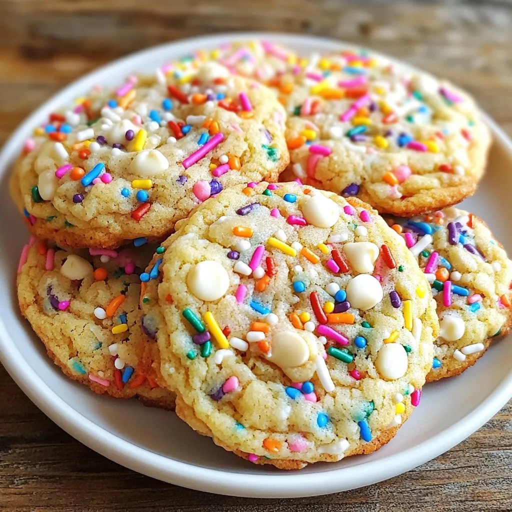 To make Funfetti Birthday Cake Cookies, you need: - 1 cup unsalted butter, softened - 1 cup granulated sugar - 1 cup packed brown sugar - 2 large eggs - 1 teaspoon vanilla extract - 3 cups all-purpose flour - 1 teaspoon baking soda - 1/2 teaspoon salt - 1 cup rainbow sprinkles (plus extra for topping) - 1/2 cup white chocolate chips You can swap unsalted butter for coconut oil or margarine. Use brown sugar for a richer taste. If you want a lighter cookie, try using half granulated sugar and half raw sugar. For eggs, you can use flax eggs or applesauce as a vegan option. If you want to make gluten-free cookies, use a gluten-free flour blend. Always use fresh ingredients for the best flavor. Choose unsalted butter for better control over salt levels. Fresh eggs give better texture and taste. Look for high-quality vanilla extract, as it adds depth. For sprinkles, pick a brand that uses natural colors. Quality white chocolate chips help enhance the sweetness and creaminess. {{ingredient_image_1}} First, turn your oven to 350°F (175°C). I like to use parchment paper to line my baking sheet. This helps the cookies not stick. You want to make sure the oven is ready before you start mixing. In a large bowl, add 1 cup of softened butter, 1 cup of granulated sugar, and 1 cup of brown sugar. Mix these together until they are light and fluffy. This should take about 2-3 minutes. Next, crack in 2 large eggs, adding them one at a time. Mix well after each egg. Finally, pour in 1 teaspoon of vanilla extract and mix until everything is smooth. Grab another bowl for the dry ingredients. Whisk together 3 cups of all-purpose flour, 1 teaspoon of baking soda, and 1/2 teaspoon of salt. Slowly add this dry mixture to the wet mixture. Mix until just combined; don’t overmix! Now, fold in 1 cup of rainbow sprinkles and 1/2 cup of white chocolate chips. This adds fun color and sweetness to your cookies. To get the best cookie texture, start with softened butter. This helps the dough mix well. Cream the butter and sugars until it looks light and fluffy. This step is key! Use room temperature eggs. They blend better into the dough. When mixing, don’t overdo it after adding the flour. Just mix until you see no dry spots. This keeps your cookies soft and chewy. To keep your cookies fresh, store them in an airtight container. This blocks air and moisture. Place a slice of bread in the container. It helps maintain moisture and softness. For longer storage, freeze them. Wrap each cookie in plastic wrap and place in a freezer bag. They can stay fresh for up to three months! If your cookies spread too much, check your butter temperature. It should be soft, not melted. If they are too hard, you may have baked them too long. Keep an eye on them in the oven. If your cookies are too dry, try adding a bit more butter. A little extra can fix dry cookies. Remember, baking is an art! Don't be afraid to experiment a bit. Pro Tips Use Room Temperature Ingredients: Ensure that your butter and eggs are at room temperature for better incorporation and a fluffier cookie texture. Chill the Dough: For thicker cookies, chill the dough for at least 30 minutes before baking. This helps prevent spreading and results in a chewier cookie. Don’t Overbake: Keep an eye on your cookies as they bake. They should be lightly golden around the edges while remaining soft in the center. Customize Sprinkles: Experiment with different types of sprinkles to match the occasion, such as holiday-themed or pastel sprinkles for a softer look. {{image_2}} You can change the flavor of Funfetti cookies easily. Instead of vanilla extract, try almond extract. It adds a nice twist. You could also use lemon zest for a citrus kick. This makes the cookies taste fresh and bright. For chocolate lovers, adding cocoa powder can make a chocolate version. Swap out some flour for cocoa to keep the texture. Want to make your cookies even more fun? Add in chocolate chips or nuts. Dark chocolate chips bring a rich taste. You can also mix in peanut butter chips for a nutty flavor. Chopped nuts like walnuts or pecans add a nice crunch. Don't forget to add more rainbow sprinkles! A burst of color makes them cheerful. You can still enjoy these cookies if you have diet restrictions. For a gluten-free version, swap all-purpose flour with a gluten-free blend. Make sure the blend has a good mix of starches. For a vegan version, use dairy-free butter and a flax egg. Mix one tablespoon of ground flaxseed with three tablespoons of water. Let it sit for a few minutes to thicken. These swaps keep the cookies tasty and fun for everyone! When you enjoy Funfetti birthday cake cookies, think about the drinks that match well. Milk is a classic choice. It balances the sweetness and creaminess of the cookies. If you want something warm, a hot cocoa adds a cozy touch. For a fun twist, try a fruity punch. The flavors of the punch can brighten up the colorful sprinkles in the cookies. Presentation makes your cookies even more special. Start by stacking the cookies on a pretty plate. Add a colorful tablecloth for a festive look. You can use clear treat bags tied with ribbons for gifting. This gives a fun and thoughtful touch. Don't forget to sprinkle some extra rainbow sprinkles on top for a pop of color. A small sign saying "Happy Birthday!" can make it extra special too. These cookies shine at birthday parties, of course. They bring joy to kids and adults alike. However, they also work well for other events. Think about holiday gatherings or family reunions. School parties are another great time to share these treats. You can even make them for a casual get-together with friends. Their fun colors and sweet taste will delight everyone, no matter the occasion! You will know the cookies are done when the edges turn a light golden color. The centers should still look soft and a bit puffy. They will continue to cook on the baking sheet after you take them out. This usually takes about 10 to 12 minutes in the oven. Yes, you can freeze the cookie dough! Just scoop the dough into balls and place them on a baking sheet. Freeze them until solid, then transfer them to a freezer bag. You can bake them straight from the freezer, adding a couple of extra minutes to the baking time. If you need an egg substitute, try using applesauce or mashed banana. Use 1/4 cup of either for each egg in the recipe. Another option is to mix one tablespoon of ground flaxseed with three tablespoons of water. Let it sit for a few minutes until it thickens. These cookies stay fresh for about a week when stored in an airtight container. To keep them even longer, you can freeze baked cookies. They will last for up to three months in the freezer, making them perfect for future celebrations! This blog covered how to make delicious cookies from scratch. We explored key ingredients, baking steps, and expert tips for great results. I shared ways to customize flavors and textures to suit your taste. You learned serving ideas, storage tips, and how to fix any problems. In the end, baking cookies is fun and rewarding. With practice, you’ll impress everyone with your tasty treats. Enjoy your baking journey!
