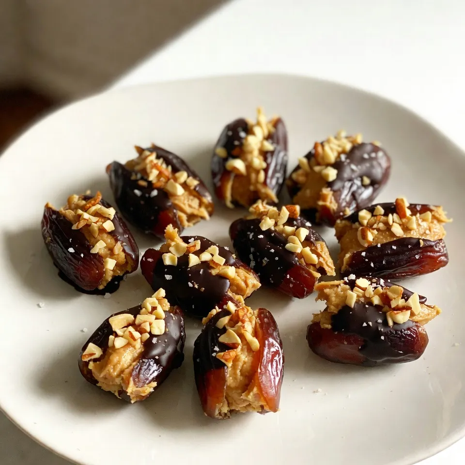 - 12 Medjool dates, pitted - 1/2 cup creamy or crunchy peanut butter - Optional: 1/4 cup dark chocolate chips - Optional: 1/4 cup chopped nuts (almonds, walnuts, or pecans) - Sea salt, for sprinkling When I make peanut butter stuffed dates, I start with Medjool dates. These dates are sweet and soft. Their rich flavor pairs perfectly with peanut butter. You can choose creamy or crunchy peanut butter, depending on your taste. Next, I think about adding a little extra. Dark chocolate chips are a great option. They give a nice, sweet contrast to the peanut butter. If you want even more crunch, add some chopped nuts. Almonds, walnuts, or pecans work well. Finally, a sprinkle of sea salt brings it all together. It enhances the sweetness of the dates and the peanut butter. This balance makes each bite even more enjoyable. {{ingredient_image_1}} 1. Preheat your oven to 350°F (175°C). This warms the oven for melting chocolate later. 2. Take each Medjool date and slice it lengthwise. Make a pocket, but don’t cut all the way through. 3. Grab a small spoon or a piping bag. Fill each date with about 1 tablespoon of peanut butter. You can add more if you like. 1. In a microwave-safe bowl, place the dark chocolate chips. Melt them in 20-second bursts. Stir in between until smooth. 2. Dip the stuffed dates into the melted chocolate. Make sure they are well-coated. Set them on a parchment-lined baking sheet. 1. Sprinkle chopped nuts on top of the chocolate-coated dates. This adds a nice crunch. 2. Lightly sprinkle sea salt over each date. This enhances the sweetness of the chocolate and peanut butter. 3. Bake the dates for 5-7 minutes. You want the chocolate to be soft but slightly set. 4. Let the dates cool at room temperature. You can also refrigerate them for about 30 minutes for a firmer texture. - Best peanut butter choices: I love creamy peanut butter for its smooth texture. It spreads easily and fills the dates well. Crunchy peanut butter adds a fun crunch. Choose what you love most for a tasty treat. - Tips for even chocolate coating: Melt the dark chocolate slowly in a bowl. Stir it often to keep it smooth. Dip each date fully in the chocolate. Use a fork to lift them out. This helps avoid messy drips. - Adjusting sweetness with sea salt: A sprinkle of sea salt makes the flavors pop. It balances the sweetness of the dates and chocolate. Just a pinch on top enhances each bite. It's a simple trick that makes a big difference. - Presentation tips for serving: Arrange the stuffed dates on a nice platter. Drizzle some melted chocolate over the top for a fancy touch. Add a small bowl of chopped nuts for extra crunch. This makes the dish look great and inviting. - Pairing options with beverages or other snacks: These dates pair well with tea or coffee. They also go great with milk. For snacks, serve them with cheese or fruit. Each pairing can bring out new flavors, making your treat even better. Pro Tips Use Room Temperature Peanut Butter: This makes it easier to fill the dates without tearing them. If your peanut butter is too cold, try microwaving it for a few seconds to soften it. Experiment with Fillings: While peanut butter is delicious, you can also try almond butter, cashew butter, or even a mix of your favorite nut butters for variety. Chill Before Baking: If you refrigerate the stuffed dates for about 15 minutes before baking, it helps the chocolate set better and keeps the filling from getting too warm during baking. Presentation Matters: For an elegant touch, consider adding a sprinkle of sea salt and a drizzle of extra melted chocolate on top just before serving. {{image_2}} You can switch up the flavor of your peanut butter stuffed dates easily. Here are two fun ideas: - Using different nut butters: Instead of peanut butter, try almond or cashew butter. Both add unique flavors and textures. - Adding spices or flavor extracts: Mix in a dash of cinnamon or vanilla extract. These will elevate your dates and add warmth. If you have dietary needs, don't worry! Here are some ways to adapt the recipe: - Vegan or nut-free alternatives: Use sunflower seed butter if you need a nut-free option. It works well and is creamy. For a vegan choice, make sure your chocolate is dairy-free. - Low-sugar options: To cut down sugar, skip the chocolate and use only the dates and nut butter. You can also find unsweetened nut butters for less sugar. These variations let you enjoy peanut butter stuffed dates in many ways. They help fit different tastes and diets while still being a delicious treat! To keep peanut butter stuffed dates fresh, store them in the fridge. Place the dates in an airtight container. This keeps them moist and tasty. They stay good in the fridge for up to a week. If you want to save them longer, freezing is a great option. Simply place the stuffed dates in a single layer on a baking sheet. Freeze them for about an hour, then transfer them to a freezer bag. This way, they won’t stick together. You can freeze them for up to three months. For the best taste and texture, enjoy your stuffed dates within one week if stored in the fridge. If you freeze them, they will be at their best for about three months. After this time, they may still be safe to eat, but the flavor and texture may change. So, it’s best to eat them sooner rather than later! Peanut butter stuffed dates are a sweet treat made from Medjool dates filled with peanut butter. The dates are soft and chewy, while the peanut butter adds a creamy texture. You can also dip them in chocolate for an extra touch. This combination is both healthy and tasty! Yes, you can make these ahead of time. Prepare the stuffed dates and store them in the fridge. They can last up to a week. If you want to keep them longer, freeze them. Just thaw them in the fridge before serving. This makes it easy to have a quick snack ready when you need it. You can easily customize this recipe. Here are some ideas: - Try using different nut butters, like almond or cashew. - Add spices like cinnamon or vanilla for extra flavor. - Top them with toppings like shredded coconut or dried fruit. - Use different types of nuts for crunch. These options can make your stuffed dates unique and fun! In this post, we explored how to make delicious peanut butter stuffed dates. We discussed key ingredients like Medjool dates and peanut butter. You learned step-by-step instructions, tips for perfecting the recipe, and flavor variations. Remember, you can easily customize these treats to fit your taste. Storage tips ensure your dates stay fresh for longer. Enjoy making these snacks and share them with friends! Your creativity in the kitchen can make a big difference.