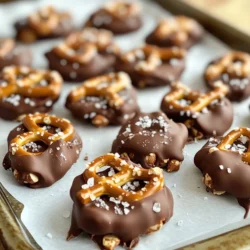 - 1 cup pretzel sticks, broken into small pieces - 1 cup unsalted roasted peanuts - 1 ½ cups dark chocolate chips - 1 tablespoon coconut oil - Sea salt for sprinkling These ingredients create a tasty mix of sweet and salty. The pretzels add crunch, while the peanuts give a nutty flavor. Dark chocolate brings a rich taste that pairs well with both. Coconut oil helps the chocolate melt smoothly. You can mix in some fun extras. Try adding: - ½ cup mini marshmallows for a sweet twist - ¼ cup dried cranberries for a fruity touch - A sprinkle of cinnamon for warmth These optional ingredients can change the flavor and make your clusters more unique. Feel free to experiment and find your favorite mix! If you need to avoid certain allergens, don’t worry. Here are some substitutes: - Use gluten-free pretzels if you need a gluten-free snack. - Swap peanuts for sunflower seeds if you have a nut allergy. - Replace dark chocolate with dairy-free chocolate chips for a vegan option. These substitutes allow everyone to enjoy these clusters. Always check labels to ensure safety for allergies! {{ingredient_image_1}} Start with your baking sheet. Grab parchment paper and line it well. This step helps the clusters not stick. Make sure to cover the whole sheet. Now you're ready for the fun part! Take a microwave-safe bowl. Add 1 ½ cups of dark chocolate chips and 1 tablespoon of coconut oil. Microwave this mixture in 30-second bursts. Stir after each round. Keep going until the mix is smooth and melted. This usually takes about 1 to 2 minutes. Once your chocolate is melted, take it out carefully. Now, add 1 cup of broken pretzel pieces and 1 cup of roasted peanuts. Use a spatula to fold them into the chocolate. Make sure every piece gets coated well. This blend of salty and sweet is what makes it special! Grab a spoon or a cookie scoop. Use it to drop clusters of the mix onto your prepared sheet. Space them out a bit. Once all clusters are formed, sprinkle a little sea salt on top. This adds a nice touch. Let the clusters sit at room temperature for about 10 minutes. Then, move them to the fridge for 30 minutes to set. Enjoy your tasty treat! To melt chocolate well, use a microwave-safe bowl. Combine dark chocolate chips and coconut oil. Heat in 30-second bursts. Stir the mix between each time. This helps avoid burning. You will know it's ready when it’s smooth and glossy. If it looks thick, keep stirring. The heat from the bowl can help. To stop your clusters from sticking, use parchment paper. Line your baking sheet with it before you start. This makes it easy to lift the clusters off later. Make sure each cluster has space around it. This helps them cool without sticking together. Want to make your clusters even better? Try adding toppings! A sprinkle of sea salt adds a nice touch. You could also try mini chocolate chips or crushed nuts. Dried fruits like cranberries or raisins can add a sweet twist. Just remember to keep it balanced. You want the sweet and salty to shine together! Pro Tips Use Quality Chocolate: Higher quality dark chocolate will melt smoother and provide a richer flavor to your clusters. Customize Your Nuts: Feel free to substitute or add other nuts such as almonds or cashews for added texture and flavor. Chill for Better Texture: Allowing the clusters to set in the refrigerator ensures they hold their shape and have a satisfying crunch. Experiment with Toppings: Enhance your clusters by adding toppings like crushed pretzels, sprinkles, or drizzles of white chocolate. {{image_2}} You can make this snack lighter by using milk chocolate or even white chocolate. These options can reduce the sugar and fat in your clusters. You may also try semi-sweet chocolate for a nice balance. If you want to lower the fat, use less coconut oil or skip it entirely. This change will keep the clusters tasty without losing their charm. Try adding dried fruits like cranberries or raisins for extra sweetness. You can also mix in spices like cinnamon or a pinch of cayenne for a kick. These flavors pair great with the saltiness of the pretzels. Another idea is to add a sprinkle of sea salt on top for a sweet and salty treat. Each addition can change the vibe of your clusters and make them unique. Kids love to mix things up! Let them add their favorite treats like mini marshmallows or colorful candies. You can also use different nuts, like almonds or cashews, for a fun twist. Letting kids help creates a fun activity and a special snack they made themselves. Enjoying these clusters together will make your snack time even better. To keep your Chocolate Pretzel Peanut Clusters fresh, store them in an airtight container. Line the container with parchment paper to avoid sticking. This simple step helps maintain their crunch and flavor. Place the container in a cool, dry place, away from sunlight and heat. When stored properly, these clusters last about one week at room temperature. If you keep them in the fridge, they can last up to two weeks. Just make sure to check for any changes in texture or smell before enjoying them again. You can freeze these clusters to extend their shelf life. Place them in a single layer on a baking sheet until they are firm. Then, transfer them to a freezer-safe bag or container. They can last up to three months in the freezer. When ready to eat, just let them thaw at room temperature for a few minutes. Yes, you can use milk chocolate. It will make the clusters sweeter and creamier. Dark chocolate gives a rich flavor, while milk chocolate is softer. Choose what you like best! If you need a substitute for coconut oil, you can use vegetable oil. You can also use butter for a rich taste. Both options work well to help the chocolate melt smoothly. Yes, these clusters can be gluten-free. Just make sure to use gluten-free pretzels. Many brands offer gluten-free options. Always check labels if you have gluten allergies. Absolutely! You can use almonds, cashews, or walnuts. Each nut adds a unique taste and crunch. Mix and match to find your favorite combination! To prevent chocolate from seizing, melt it slowly. Use a microwave or double boiler and heat in small bursts. Stir often to keep the chocolate smooth. Avoid water, as it can cause seizing. You learned how to make tasty chocolate pretzel peanut clusters. We covered key ingredients and options for flavor boosts. I shared helpful step-by-step instructions, tips, and fun variations. Storing your treats properly is also crucial to keeping them fresh. With these ideas, you can make delicious snacks that anyone will enjoy. You have the tools to create, experiment, and share these delightful treats with friends and family. Enjoy your sweet creations!