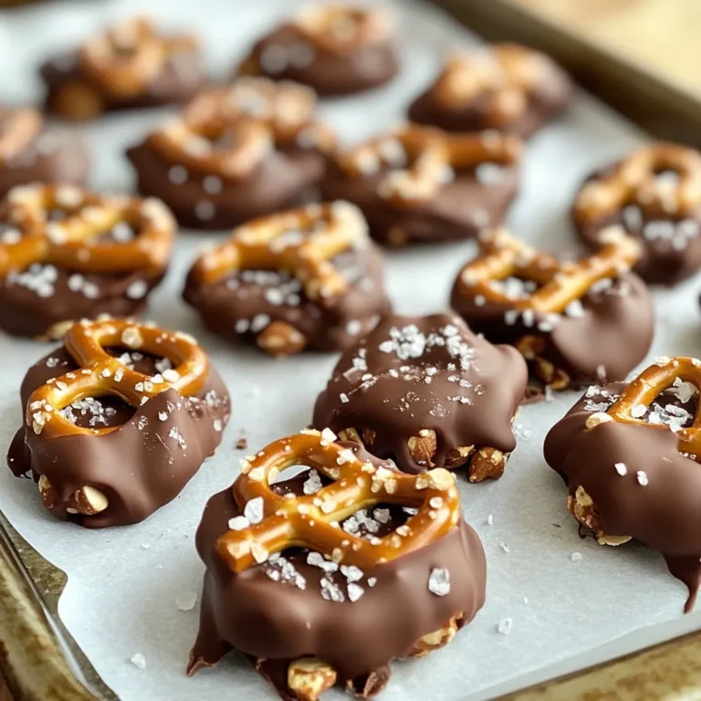 - 1 cup pretzel sticks, broken into small pieces - 1 cup unsalted roasted peanuts - 1 ½ cups dark chocolate chips - 1 tablespoon coconut oil - Sea salt for sprinkling These ingredients create a tasty mix of sweet and salty. The pretzels add crunch, while the peanuts give a nutty flavor. Dark chocolate brings a rich taste that pairs well with both. Coconut oil helps the chocolate melt smoothly. You can mix in some fun extras. Try adding: - ½ cup mini marshmallows for a sweet twist - ¼ cup dried cranberries for a fruity touch - A sprinkle of cinnamon for warmth These optional ingredients can change the flavor and make your clusters more unique. Feel free to experiment and find your favorite mix! If you need to avoid certain allergens, don’t worry. Here are some substitutes: - Use gluten-free pretzels if you need a gluten-free snack. - Swap peanuts for sunflower seeds if you have a nut allergy. - Replace dark chocolate with dairy-free chocolate chips for a vegan option. These substitutes allow everyone to enjoy these clusters. Always check labels to ensure safety for allergies! {{ingredient_image_1}} Start with your baking sheet. Grab parchment paper and line it well. This step helps the clusters not stick. Make sure to cover the whole sheet. Now you're ready for the fun part! Take a microwave-safe bowl. Add 1 ½ cups of dark chocolate chips and 1 tablespoon of coconut oil. Microwave this mixture in 30-second bursts. Stir after each round. Keep going until the mix is smooth and melted. This usually takes about 1 to 2 minutes. Once your chocolate is melted, take it out carefully. Now, add 1 cup of broken pretzel pieces and 1 cup of roasted peanuts. Use a spatula to fold them into the chocolate. Make sure every piece gets coated well. This blend of salty and sweet is what makes it special! Grab a spoon or a cookie scoop. Use it to drop clusters of the mix onto your prepared sheet. Space them out a bit. Once all clusters are formed, sprinkle a little sea salt on top. This adds a nice touch. Let the clusters sit at room temperature for about 10 minutes. Then, move them to the fridge for 30 minutes to set. Enjoy your tasty treat! To melt chocolate well, use a microwave-safe bowl. Combine dark chocolate chips and coconut oil. Heat in 30-second bursts. Stir the mix between each time. This helps avoid burning. You will know it's ready when it’s smooth and glossy. If it looks thick, keep stirring. The heat from the bowl can help. To stop your clusters from sticking, use parchment paper. Line your baking sheet with it before you start. This makes it easy to lift the clusters off later. Make sure each cluster has space around it. This helps them cool without sticking together. Want to make your clusters even better? Try adding toppings! A sprinkle of sea salt adds a nice touch. You could also try mini chocolate chips or crushed nuts. Dried fruits like cranberries or raisins can add a sweet twist. Just remember to keep it balanced. You want the sweet and salty to shine together! Pro Tips Use Quality Chocolate: Higher quality dark chocolate will melt smoother and provide a richer flavor to your clusters. Customize Your Nuts: Feel free to substitute or add other nuts such as almonds or cashews for added texture and flavor. Chill for Better Texture: Allowing the clusters to set in the refrigerator ensures they hold their shape and have a satisfying crunch. Experiment with Toppings: Enhance your clusters by adding toppings like crushed pretzels, sprinkles, or drizzles of white chocolate. {{image_2}} You can make this snack lighter by using milk chocolate or even white chocolate. These options can reduce the sugar and fat in your clusters. You may also try semi-sweet chocolate for a nice balance. If you want to lower the fat, use less coconut oil or skip it entirely. This change will keep the clusters tasty without losing their charm. Try adding dried fruits like cranberries or raisins for extra sweetness. You can also mix in spices like cinnamon or a pinch of cayenne for a kick. These flavors pair great with the saltiness of the pretzels. Another idea is to add a sprinkle of sea salt on top for a sweet and salty treat. Each addition can change the vibe of your clusters and make them unique. Kids love to mix things up! Let them add their favorite treats like mini marshmallows or colorful candies. You can also use different nuts, like almonds or cashews, for a fun twist. Letting kids help creates a fun activity and a special snack they made themselves. Enjoying these clusters together will make your snack time even better. To keep your Chocolate Pretzel Peanut Clusters fresh, store them in an airtight container. Line the container with parchment paper to avoid sticking. This simple step helps maintain their crunch and flavor. Place the container in a cool, dry place, away from sunlight and heat. When stored properly, these clusters last about one week at room temperature. If you keep them in the fridge, they can last up to two weeks. Just make sure to check for any changes in texture or smell before enjoying them again. You can freeze these clusters to extend their shelf life. Place them in a single layer on a baking sheet until they are firm. Then, transfer them to a freezer-safe bag or container. They can last up to three months in the freezer. When ready to eat, just let them thaw at room temperature for a few minutes. Yes, you can use milk chocolate. It will make the clusters sweeter and creamier. Dark chocolate gives a rich flavor, while milk chocolate is softer. Choose what you like best! If you need a substitute for coconut oil, you can use vegetable oil. You can also use butter for a rich taste. Both options work well to help the chocolate melt smoothly. Yes, these clusters can be gluten-free. Just make sure to use gluten-free pretzels. Many brands offer gluten-free options. Always check labels if you have gluten allergies. Absolutely! You can use almonds, cashews, or walnuts. Each nut adds a unique taste and crunch. Mix and match to find your favorite combination! To prevent chocolate from seizing, melt it slowly. Use a microwave or double boiler and heat in small bursts. Stir often to keep the chocolate smooth. Avoid water, as it can cause seizing. You learned how to make tasty chocolate pretzel peanut clusters. We covered key ingredients and options for flavor boosts. I shared helpful step-by-step instructions, tips, and fun variations. Storing your treats properly is also crucial to keeping them fresh. With these ideas, you can make delicious snacks that anyone will enjoy. You have the tools to create, experiment, and share these delightful treats with friends and family. Enjoy your sweet creations!