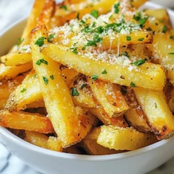 - 4 large russet potatoes - 3 tablespoons olive oil - 4 cloves garlic - 1 teaspoon garlic powder - ½ teaspoon paprika - Salt and pepper - ½ cup grated Parmesan cheese - Fresh parsley for garnish When making Garlic Parmesan Air Fryer Fries, you need a few key ingredients. Start with four large russet potatoes. I love these potatoes because they give the fries a nice texture. Next, grab three tablespoons of olive oil. This oil adds flavor and helps the fries crisp up. You will also need four cloves of garlic. Mince the garlic for the best taste, and don’t forget to add one teaspoon of garlic powder for an extra kick. Paprika brings a subtle warmth and beautiful color. You will need half a teaspoon of paprika. Season with salt and pepper to your taste. I always suggest tasting as you go to find your perfect balance. Lastly, half a cup of grated Parmesan cheese gives these fries that cheesy goodness. Fresh parsley will brighten up your dish. It makes the fries pop with color and flavor. Gather these ingredients, and you're ready to create a tasty snack or side dish everyone will love! {{ingredient_image_1}} Start by soaking the cut fries in cold water for 30 minutes. This step helps remove extra starch and makes the fries crispy. After soaking, drain the fries. Use a clean kitchen towel to pat them dry. Drying them well is key to achieving that perfect crunch. In a large bowl, combine the fries with 3 tablespoons of olive oil. Add 4 cloves of minced garlic, 1 teaspoon of garlic powder, and ½ teaspoon of paprika. Sprinkle salt and pepper to taste. Toss everything until the fries are evenly coated. This ensures each fry gets that flavorful touch. Preheat your air fryer to 380°F (190°C). Place the fries in the air fryer basket in a single layer. Avoid overcrowding, as this can lead to uneven cooking. You might need to cook in batches. Cook for 15-20 minutes, shaking the basket halfway through. When the fries turn golden and crispy, they are ready. Transfer them to a bowl and sprinkle ½ cup of grated Parmesan cheese on top. Toss gently to coat the fries with cheese. Serve them hot, garnished with fresh parsley for a touch of color and flavor. To get the best fries, soak your potatoes in cold water for 30 minutes. This step removes extra starch, which helps them crisp up. After soaking, drain the fries and dry them well with a towel. This helps the oil and seasonings stick better. Cooking time is key. After preheating your air fryer to 380°F, cook the fries for 15-20 minutes. Shake the basket halfway through. This ensures even cooking and crispiness. You can add more flavor to your fries. Try adding some cayenne pepper for heat or Italian herbs for a twist. If you want to make these fries vegan, use nutritional yeast instead of Parmesan cheese. This will still give you a cheesy taste without dairy. Adjust the seasonings based on your taste. Want it more garlicky? Add extra minced garlic. Prefer a milder flavor? Cut back on the garlic powder. Pro Tips Soak for Crispiness: Soaking the cut fries in cold water for 30 minutes helps remove excess starch, resulting in a crispier texture. Even Coating: Make sure to toss the fries thoroughly with the oil and seasonings to ensure each fry is evenly coated for maximum flavor. Batch Cooking: Avoid overcrowding the air fryer basket; this allows for better air circulation and ensures all fries cook evenly and become crispy. Immediate Cheese Application: Sprinkle the Parmesan cheese over the fries immediately after cooking while they are still hot for better adherence and flavor infusion. {{image_2}} You can easily change the flavor of your Garlic Parmesan Air Fryer Fries. Try adding different herbs or spices. For a spicy kick, add cayenne pepper or chili powder. If you like fresh herbs, use rosemary or thyme. Both will add a nice touch. If you want a vegan option, swap the Parmesan cheese for nutritional yeast. It has a cheesy taste and is packed with nutrients. You can also use vegan cheese shreds. They melt nicely and give a great flavor. While russet potatoes work great, you can use other potatoes too. Sweet potatoes make a delicious alternative. They add a hint of sweetness and are rich in vitamins. If using sweet potatoes, keep in mind they need a bit less time to cook. Try 12-15 minutes in the air fryer. You can also explore Yukon Gold or purple potatoes. Each variety brings its unique taste and texture, so feel free to experiment! To keep your Garlic Parmesan Air Fryer Fries fresh, follow these steps: - Place cooled fries in an airtight container. - Store them in the fridge for up to three days. - Avoid stacking fries to prevent sogginess. When you want to reheat them, use the air fryer. - Set it to 375°F (190°C). - Heat the fries for about 5 to 7 minutes. This method helps keep them crispy. You can freeze these fries for later use. - Let the fries cool completely. - Spread them out on a baking sheet and freeze for 1 to 2 hours. - Once frozen, transfer them to a freezer bag. When you want to cook from frozen: - Preheat your air fryer to 380°F (190°C). - Cook the fries for 20 to 25 minutes. - Shake the basket halfway through for even cooking. This method gives you tasty fries that are still crispy! Yes, you can make these fries in the oven! Just preheat your oven to 425°F (220°C). Spread the fries on a baking sheet. Bake for about 25-30 minutes, flipping them halfway. This method gives you crispy fries, but they may not be as quick as the air fryer. Look for a golden color. The fries should feel crispy on the outside. Use a fork to poke one; it should be soft inside. If the fries are not done, cook them for a few more minutes. Keep checking until they reach your desired crispiness. These fries pair well with many dips! Try ranch, garlic aioli, or ketchup. They also go great with grilled chicken or burgers. For a fun twist, serve them with a side of marinara sauce for dipping. Enjoy experimenting with your favorite flavors! This post covered the key ingredients to make Garlic Parmesan Air Fryer Fries. I shared step-by-step instructions, tips for crispiness, and variations like sweet potatoes. Proper storage tips help keep leftovers fresh and tasty. Remember, you can customize flavors and use other cooking methods if needed. Making fries doesn’t have to be complex. With a few simple steps, you can enjoy a delicious snack anytime. Happy cooking!