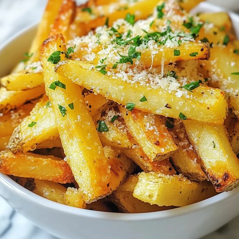 - 4 large russet potatoes - 3 tablespoons olive oil - 4 cloves garlic - 1 teaspoon garlic powder - ½ teaspoon paprika - Salt and pepper - ½ cup grated Parmesan cheese - Fresh parsley for garnish When making Garlic Parmesan Air Fryer Fries, you need a few key ingredients. Start with four large russet potatoes. I love these potatoes because they give the fries a nice texture. Next, grab three tablespoons of olive oil. This oil adds flavor and helps the fries crisp up. You will also need four cloves of garlic. Mince the garlic for the best taste, and don’t forget to add one teaspoon of garlic powder for an extra kick. Paprika brings a subtle warmth and beautiful color. You will need half a teaspoon of paprika. Season with salt and pepper to your taste. I always suggest tasting as you go to find your perfect balance. Lastly, half a cup of grated Parmesan cheese gives these fries that cheesy goodness. Fresh parsley will brighten up your dish. It makes the fries pop with color and flavor. Gather these ingredients, and you're ready to create a tasty snack or side dish everyone will love! {{ingredient_image_1}} Start by soaking the cut fries in cold water for 30 minutes. This step helps remove extra starch and makes the fries crispy. After soaking, drain the fries. Use a clean kitchen towel to pat them dry. Drying them well is key to achieving that perfect crunch. In a large bowl, combine the fries with 3 tablespoons of olive oil. Add 4 cloves of minced garlic, 1 teaspoon of garlic powder, and ½ teaspoon of paprika. Sprinkle salt and pepper to taste. Toss everything until the fries are evenly coated. This ensures each fry gets that flavorful touch. Preheat your air fryer to 380°F (190°C). Place the fries in the air fryer basket in a single layer. Avoid overcrowding, as this can lead to uneven cooking. You might need to cook in batches. Cook for 15-20 minutes, shaking the basket halfway through. When the fries turn golden and crispy, they are ready. Transfer them to a bowl and sprinkle ½ cup of grated Parmesan cheese on top. Toss gently to coat the fries with cheese. Serve them hot, garnished with fresh parsley for a touch of color and flavor. To get the best fries, soak your potatoes in cold water for 30 minutes. This step removes extra starch, which helps them crisp up. After soaking, drain the fries and dry them well with a towel. This helps the oil and seasonings stick better. Cooking time is key. After preheating your air fryer to 380°F, cook the fries for 15-20 minutes. Shake the basket halfway through. This ensures even cooking and crispiness. You can add more flavor to your fries. Try adding some cayenne pepper for heat or Italian herbs for a twist. If you want to make these fries vegan, use nutritional yeast instead of Parmesan cheese. This will still give you a cheesy taste without dairy. Adjust the seasonings based on your taste. Want it more garlicky? Add extra minced garlic. Prefer a milder flavor? Cut back on the garlic powder. Pro Tips Soak for Crispiness: Soaking the cut fries in cold water for 30 minutes helps remove excess starch, resulting in a crispier texture. Even Coating: Make sure to toss the fries thoroughly with the oil and seasonings to ensure each fry is evenly coated for maximum flavor. Batch Cooking: Avoid overcrowding the air fryer basket; this allows for better air circulation and ensures all fries cook evenly and become crispy. Immediate Cheese Application: Sprinkle the Parmesan cheese over the fries immediately after cooking while they are still hot for better adherence and flavor infusion. {{image_2}} You can easily change the flavor of your Garlic Parmesan Air Fryer Fries. Try adding different herbs or spices. For a spicy kick, add cayenne pepper or chili powder. If you like fresh herbs, use rosemary or thyme. Both will add a nice touch. If you want a vegan option, swap the Parmesan cheese for nutritional yeast. It has a cheesy taste and is packed with nutrients. You can also use vegan cheese shreds. They melt nicely and give a great flavor. While russet potatoes work great, you can use other potatoes too. Sweet potatoes make a delicious alternative. They add a hint of sweetness and are rich in vitamins. If using sweet potatoes, keep in mind they need a bit less time to cook. Try 12-15 minutes in the air fryer. You can also explore Yukon Gold or purple potatoes. Each variety brings its unique taste and texture, so feel free to experiment! To keep your Garlic Parmesan Air Fryer Fries fresh, follow these steps: - Place cooled fries in an airtight container. - Store them in the fridge for up to three days. - Avoid stacking fries to prevent sogginess. When you want to reheat them, use the air fryer. - Set it to 375°F (190°C). - Heat the fries for about 5 to 7 minutes. This method helps keep them crispy. You can freeze these fries for later use. - Let the fries cool completely. - Spread them out on a baking sheet and freeze for 1 to 2 hours. - Once frozen, transfer them to a freezer bag. When you want to cook from frozen: - Preheat your air fryer to 380°F (190°C). - Cook the fries for 20 to 25 minutes. - Shake the basket halfway through for even cooking. This method gives you tasty fries that are still crispy! Yes, you can make these fries in the oven! Just preheat your oven to 425°F (220°C). Spread the fries on a baking sheet. Bake for about 25-30 minutes, flipping them halfway. This method gives you crispy fries, but they may not be as quick as the air fryer. Look for a golden color. The fries should feel crispy on the outside. Use a fork to poke one; it should be soft inside. If the fries are not done, cook them for a few more minutes. Keep checking until they reach your desired crispiness. These fries pair well with many dips! Try ranch, garlic aioli, or ketchup. They also go great with grilled chicken or burgers. For a fun twist, serve them with a side of marinara sauce for dipping. Enjoy experimenting with your favorite flavors! This post covered the key ingredients to make Garlic Parmesan Air Fryer Fries. I shared step-by-step instructions, tips for crispiness, and variations like sweet potatoes. Proper storage tips help keep leftovers fresh and tasty. Remember, you can customize flavors and use other cooking methods if needed. Making fries doesn’t have to be complex. With a few simple steps, you can enjoy a delicious snack anytime. Happy cooking!
