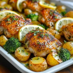 - 4 bone-in, skin-on chicken thighs - 1 pound baby potatoes, halved - 2 cups broccoli florets - 1 lemon, zested and juiced - 4 cloves garlic, minced - 1 tablespoon fresh rosemary, chopped - 1 tablespoon fresh thyme, chopped - 2 tablespoons olive oil - Salt and pepper, to taste - Lemon slices, for garnish Gather these ingredients to make a delightful dish. The chicken thighs offer rich flavor and moisture. Baby potatoes add heartiness to the meal. Broccoli florets bring color and crunch. For the marinade, fresh lemon gives bright flavor. Garlic adds depth and warmth. Fresh rosemary and thyme enhance the dish with their earthy notes. Use olive oil to help the chicken crisp up. Salt and pepper are essential for taste. Lemon slices as garnish will make your dish pop! {{ingredient_image_1}} - Preheat the oven Start by setting your oven to 425°F (220°C). This high heat helps to roast the chicken and veggies perfectly. - Prepare the marinade In a large bowl, mix 2 tablespoons of olive oil, the juice and zest of 1 lemon, 4 cloves of minced garlic, 1 tablespoon of chopped rosemary, and 1 tablespoon of chopped thyme. Add salt and pepper to taste. This mix brings out great flavors in the chicken. Add the 4 bone-in, skin-on chicken thighs to the bowl. Make sure they are coated well. Let them sit for at least 15 minutes. - Arrange vegetables and chicken on the sheet pan On a large sheet pan, spread out 1 pound of halved baby potatoes. Drizzle with a little olive oil and season with salt and pepper. Toss them to coat evenly. Nestle the marinated chicken thighs among the potatoes. Next, add 2 cups of broccoli florets around the chicken and potatoes. Drizzle with more olive oil and season with salt and pepper. - Roasting instructions Place the sheet pan in the preheated oven. Roast for 25-30 minutes. Check that the chicken reaches an internal temperature of 165°F (74°C). The potatoes should be tender as well. - Broiling for crispiness For an extra crispy skin, turn on the broiler for 2-3 minutes. Watch closely to avoid burning. This gives a nice finish to your chicken. - Resting and garnishing Remove the pan from the oven and let the chicken rest for 5 minutes. This makes the chicken juicier. Finally, garnish with fresh lemon slices and any extra herbs you like. Enjoy your meal! How long should I marinate chicken? Marinate the chicken for at least 15 minutes. If you have more time, go for 30 minutes or more. Longer marinating brings out the flavors even more. What are the best practices for flavor infusion? Use a bowl that fits the chicken well. This helps the marinade coat every piece. Make sure to mix the marinade well, so all flavors blend. You can also poke holes in the chicken to soak up more flavor. How can I ensure even cooking? Arrange the chicken and veggies in a single layer on the sheet pan. This helps heat move around all the food. Avoid crowding the pan, as it can lead to steaming instead of roasting. How do I check for doneness? Use a meat thermometer to check the chicken. The safe internal temperature is 165°F (74°C). If you don’t have a thermometer, cut into the chicken. The juices should run clear, not pink. What are the ideal ways to serve? Serve the chicken and veggies straight from the sheet pan. This keeps it casual and fun. You can also arrange them on a large platter for a more formal look. What garnishes enhance flavor and presentation? Fresh lemon slices add a bright touch. You can also sprinkle extra herbs on top. This not only looks great but adds even more flavor. Pro Tips Marinate Longer for Flavor: For the best flavor, marinate the chicken for at least 1 hour or even overnight. This allows the herbs and lemon to penetrate the meat more deeply. Use Fresh Herbs: Fresh herbs like rosemary and thyme will enhance the dish's flavor profile significantly. Dried herbs can be used in a pinch, but fresh is always better. Crispier Skin: To achieve extra crispy chicken skin, pat the chicken thighs dry with paper towels before marinating. This helps the skin crisp up during roasting. Veggie Variations: Feel free to swap out the broccoli for other vegetables like carrots or bell peppers, depending on your preference. Just make sure to cut them into similar-sized pieces for even cooking. {{image_2}} You can switch up the veggies in this dish. Try using carrots, bell peppers, or zucchini. Each veggie brings its own flavor. Seasonal veggies are great too. In summer, use fresh corn or green beans. In fall, sweet potatoes work well. This recipe is flexible and fun! You can change the chicken cut if you like. Boneless thighs or breasts will work too. For a twist, use turkey or pork. If you want a plant-based option, try chickpeas or tofu. This makes the dish friendly for all diets. Want to mix up the taste? Add different spices like paprika or cumin. You can use basil or oregano instead of rosemary and thyme. For the marinade, lime or orange juice can replace lemon. This gives new life to the dish. Enjoy trying these fun changes! To keep your Lemon Herb Chicken fresh, refrigerate leftovers in an airtight container. Make sure to cool the chicken and veggies before sealing them up. This helps prevent moisture buildup. Consume leftovers within three days for the best taste. If you want to save them longer, freezing is a great option. Place the chicken and veggies in a freezer-safe bag. Try to squeeze out as much air as possible before sealing. You can freeze for up to three months. When it's time to eat your leftovers, reheating is easy. You can use the oven, microwave, or stovetop. For the oven, preheat it to 350°F (175°C). Place the chicken and veggies on a baking sheet and heat for about 15-20 minutes. This method keeps everything crispy. If you use the microwave, place the chicken and veggies in a safe dish. Heat in short bursts of one minute, checking often. Stir the veggies to help heat evenly. To keep flavor and texture, don’t overheat. Check that the chicken reaches 165°F (74°C) before serving again. This Lemon Herb Chicken is perfect for busy nights. You can prepare the marinade the day before. Just store it in the fridge until you’re ready to cook. Bulk cooking is another great idea. You can double the recipe and freeze half for later. This way, you have a quick meal ready when life gets hectic. Just remember to label your bags with the date! You should marinate chicken for at least 15 minutes. This lets the flavors soak in well. However, for even deeper taste, consider marinating for 1 to 2 hours. You can also marinate it overnight in the fridge. Just make sure to cover it tightly. The longer you let it sit, the more flavorful your chicken will become. Yes, you can use boneless chicken thighs! They will cook faster, so keep an eye on them. When using boneless thighs, reduce the cooking time to about 20-25 minutes. This ensures they remain juicy and tender. Adjust the marinade time to keep the flavor strong. If your chicken is not cooked through, don’t worry! You can return it to the oven. Use a meat thermometer to check the internal temperature. It should reach 165°F (74°C). If it's not there yet, cook for an additional 5-10 minutes. Always check the thickest part of the chicken to be sure. To make larger portions, simply double the ingredients. Use a bigger sheet pan or two pans for even cooking. Keep the same marinade ratio for the chicken and veggies. Make sure to space everything out on the pan. This will help them roast evenly and not steam. This blog post covered a delicious chicken and veggie recipe. We explored the key ingredients, like chicken thighs, baby potatoes, and broccoli. We detailed steps on marinating, cooking, and serving. Tips helped you enhance flavors, ensure even cooking, and present your dish nicely. Remember, you can easily adjust ingredients to suit your taste. Keep experimenting and enjoy tasty meals at home. Happy cooking!