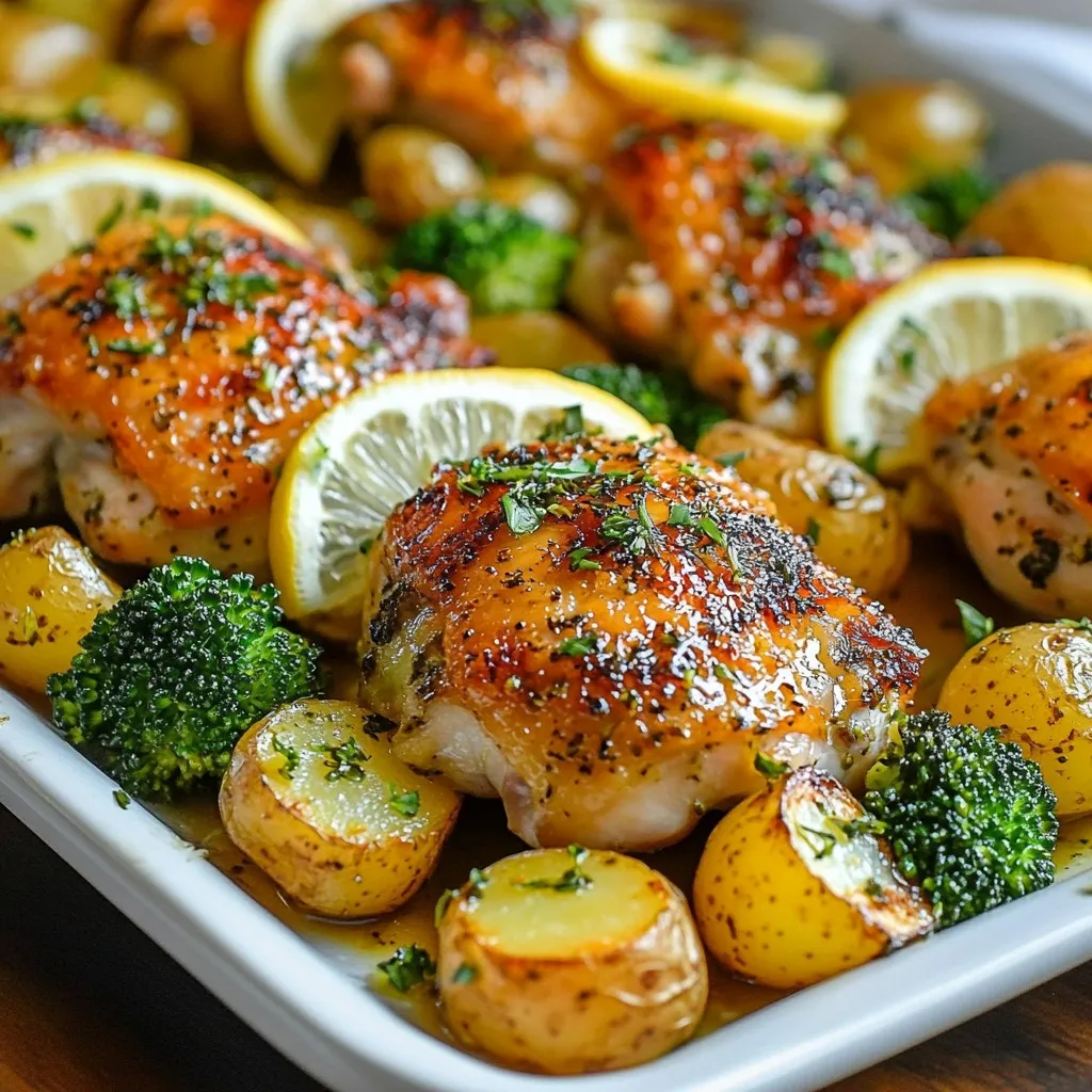 - 4 bone-in, skin-on chicken thighs - 1 pound baby potatoes, halved - 2 cups broccoli florets - 1 lemon, zested and juiced - 4 cloves garlic, minced - 1 tablespoon fresh rosemary, chopped - 1 tablespoon fresh thyme, chopped - 2 tablespoons olive oil - Salt and pepper, to taste - Lemon slices, for garnish Gather these ingredients to make a delightful dish. The chicken thighs offer rich flavor and moisture. Baby potatoes add heartiness to the meal. Broccoli florets bring color and crunch. For the marinade, fresh lemon gives bright flavor. Garlic adds depth and warmth. Fresh rosemary and thyme enhance the dish with their earthy notes. Use olive oil to help the chicken crisp up. Salt and pepper are essential for taste. Lemon slices as garnish will make your dish pop! {{ingredient_image_1}} - Preheat the oven Start by setting your oven to 425°F (220°C). This high heat helps to roast the chicken and veggies perfectly. - Prepare the marinade In a large bowl, mix 2 tablespoons of olive oil, the juice and zest of 1 lemon, 4 cloves of minced garlic, 1 tablespoon of chopped rosemary, and 1 tablespoon of chopped thyme. Add salt and pepper to taste. This mix brings out great flavors in the chicken. Add the 4 bone-in, skin-on chicken thighs to the bowl. Make sure they are coated well. Let them sit for at least 15 minutes. - Arrange vegetables and chicken on the sheet pan On a large sheet pan, spread out 1 pound of halved baby potatoes. Drizzle with a little olive oil and season with salt and pepper. Toss them to coat evenly. Nestle the marinated chicken thighs among the potatoes. Next, add 2 cups of broccoli florets around the chicken and potatoes. Drizzle with more olive oil and season with salt and pepper. - Roasting instructions Place the sheet pan in the preheated oven. Roast for 25-30 minutes. Check that the chicken reaches an internal temperature of 165°F (74°C). The potatoes should be tender as well. - Broiling for crispiness For an extra crispy skin, turn on the broiler for 2-3 minutes. Watch closely to avoid burning. This gives a nice finish to your chicken. - Resting and garnishing Remove the pan from the oven and let the chicken rest for 5 minutes. This makes the chicken juicier. Finally, garnish with fresh lemon slices and any extra herbs you like. Enjoy your meal! How long should I marinate chicken? Marinate the chicken for at least 15 minutes. If you have more time, go for 30 minutes or more. Longer marinating brings out the flavors even more. What are the best practices for flavor infusion? Use a bowl that fits the chicken well. This helps the marinade coat every piece. Make sure to mix the marinade well, so all flavors blend. You can also poke holes in the chicken to soak up more flavor. How can I ensure even cooking? Arrange the chicken and veggies in a single layer on the sheet pan. This helps heat move around all the food. Avoid crowding the pan, as it can lead to steaming instead of roasting. How do I check for doneness? Use a meat thermometer to check the chicken. The safe internal temperature is 165°F (74°C). If you don’t have a thermometer, cut into the chicken. The juices should run clear, not pink. What are the ideal ways to serve? Serve the chicken and veggies straight from the sheet pan. This keeps it casual and fun. You can also arrange them on a large platter for a more formal look. What garnishes enhance flavor and presentation? Fresh lemon slices add a bright touch. You can also sprinkle extra herbs on top. This not only looks great but adds even more flavor. Pro Tips Marinate Longer for Flavor: For the best flavor, marinate the chicken for at least 1 hour or even overnight. This allows the herbs and lemon to penetrate the meat more deeply. Use Fresh Herbs: Fresh herbs like rosemary and thyme will enhance the dish's flavor profile significantly. Dried herbs can be used in a pinch, but fresh is always better. Crispier Skin: To achieve extra crispy chicken skin, pat the chicken thighs dry with paper towels before marinating. This helps the skin crisp up during roasting. Veggie Variations: Feel free to swap out the broccoli for other vegetables like carrots or bell peppers, depending on your preference. Just make sure to cut them into similar-sized pieces for even cooking. {{image_2}} You can switch up the veggies in this dish. Try using carrots, bell peppers, or zucchini. Each veggie brings its own flavor. Seasonal veggies are great too. In summer, use fresh corn or green beans. In fall, sweet potatoes work well. This recipe is flexible and fun! You can change the chicken cut if you like. Boneless thighs or breasts will work too. For a twist, use turkey or pork. If you want a plant-based option, try chickpeas or tofu. This makes the dish friendly for all diets. Want to mix up the taste? Add different spices like paprika or cumin. You can use basil or oregano instead of rosemary and thyme. For the marinade, lime or orange juice can replace lemon. This gives new life to the dish. Enjoy trying these fun changes! To keep your Lemon Herb Chicken fresh, refrigerate leftovers in an airtight container. Make sure to cool the chicken and veggies before sealing them up. This helps prevent moisture buildup. Consume leftovers within three days for the best taste. If you want to save them longer, freezing is a great option. Place the chicken and veggies in a freezer-safe bag. Try to squeeze out as much air as possible before sealing. You can freeze for up to three months. When it's time to eat your leftovers, reheating is easy. You can use the oven, microwave, or stovetop. For the oven, preheat it to 350°F (175°C). Place the chicken and veggies on a baking sheet and heat for about 15-20 minutes. This method keeps everything crispy. If you use the microwave, place the chicken and veggies in a safe dish. Heat in short bursts of one minute, checking often. Stir the veggies to help heat evenly. To keep flavor and texture, don’t overheat. Check that the chicken reaches 165°F (74°C) before serving again. This Lemon Herb Chicken is perfect for busy nights. You can prepare the marinade the day before. Just store it in the fridge until you’re ready to cook. Bulk cooking is another great idea. You can double the recipe and freeze half for later. This way, you have a quick meal ready when life gets hectic. Just remember to label your bags with the date! You should marinate chicken for at least 15 minutes. This lets the flavors soak in well. However, for even deeper taste, consider marinating for 1 to 2 hours. You can also marinate it overnight in the fridge. Just make sure to cover it tightly. The longer you let it sit, the more flavorful your chicken will become. Yes, you can use boneless chicken thighs! They will cook faster, so keep an eye on them. When using boneless thighs, reduce the cooking time to about 20-25 minutes. This ensures they remain juicy and tender. Adjust the marinade time to keep the flavor strong. If your chicken is not cooked through, don’t worry! You can return it to the oven. Use a meat thermometer to check the internal temperature. It should reach 165°F (74°C). If it's not there yet, cook for an additional 5-10 minutes. Always check the thickest part of the chicken to be sure. To make larger portions, simply double the ingredients. Use a bigger sheet pan or two pans for even cooking. Keep the same marinade ratio for the chicken and veggies. Make sure to space everything out on the pan. This will help them roast evenly and not steam. This blog post covered a delicious chicken and veggie recipe. We explored the key ingredients, like chicken thighs, baby potatoes, and broccoli. We detailed steps on marinating, cooking, and serving. Tips helped you enhance flavors, ensure even cooking, and present your dish nicely. Remember, you can easily adjust ingredients to suit your taste. Keep experimenting and enjoy tasty meals at home. Happy cooking!